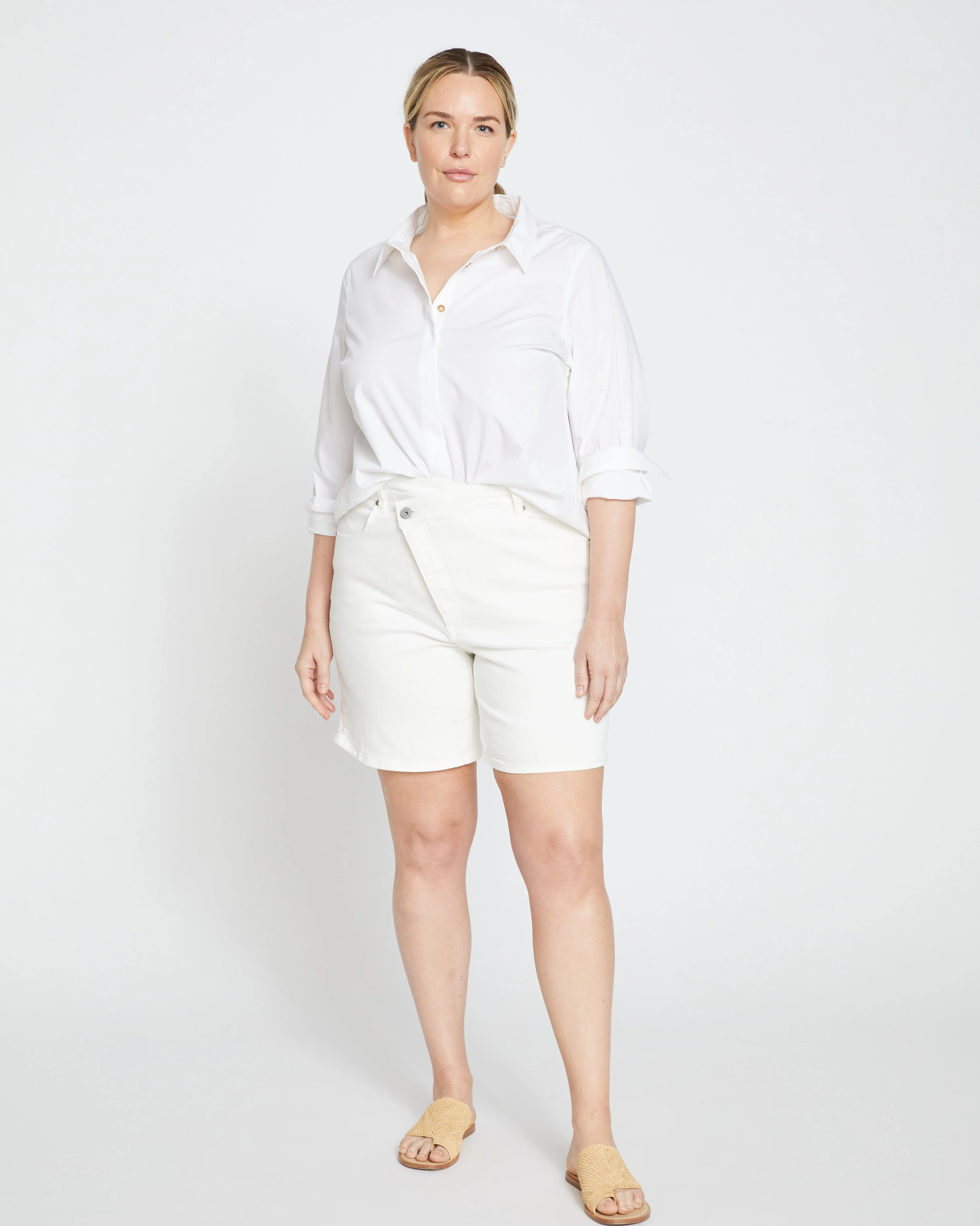 Katie High Rise Crossover Denim Shorts - White - Image 7