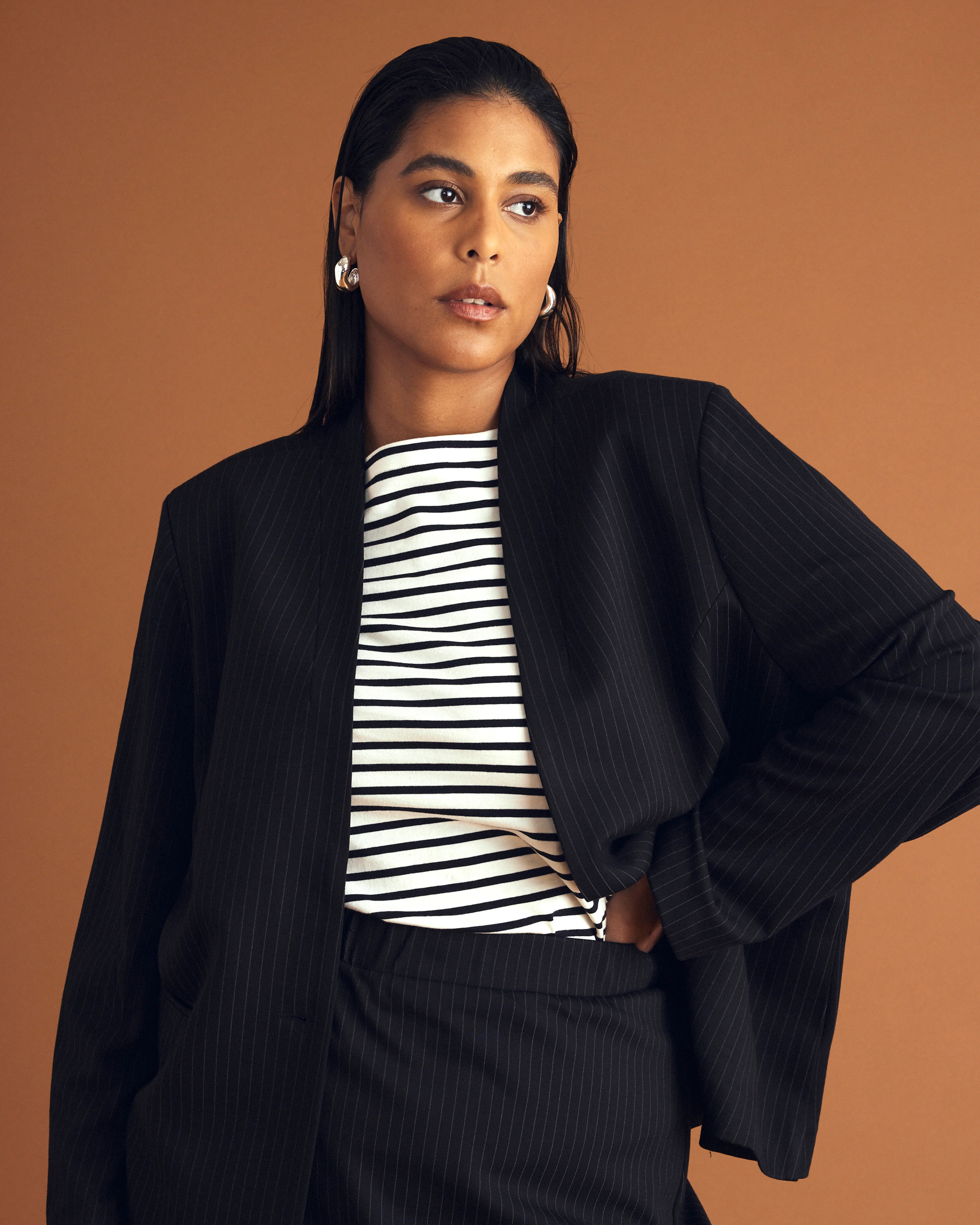 Lennox Collarless Ponte Blazer - Slate Pinstripe - Image 2