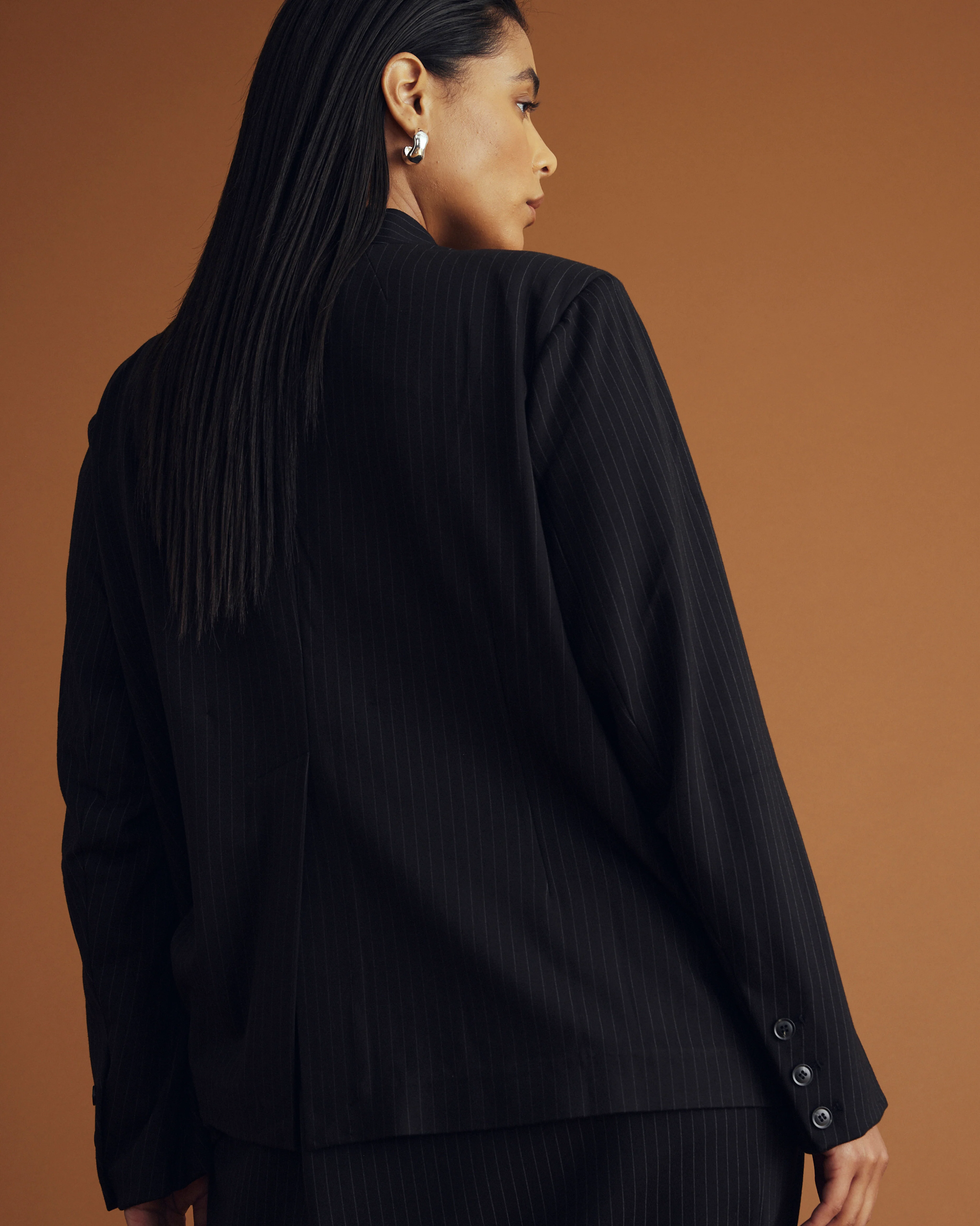 Lennox Collarless Ponte Blazer - Slate Pinstripe - Image 4