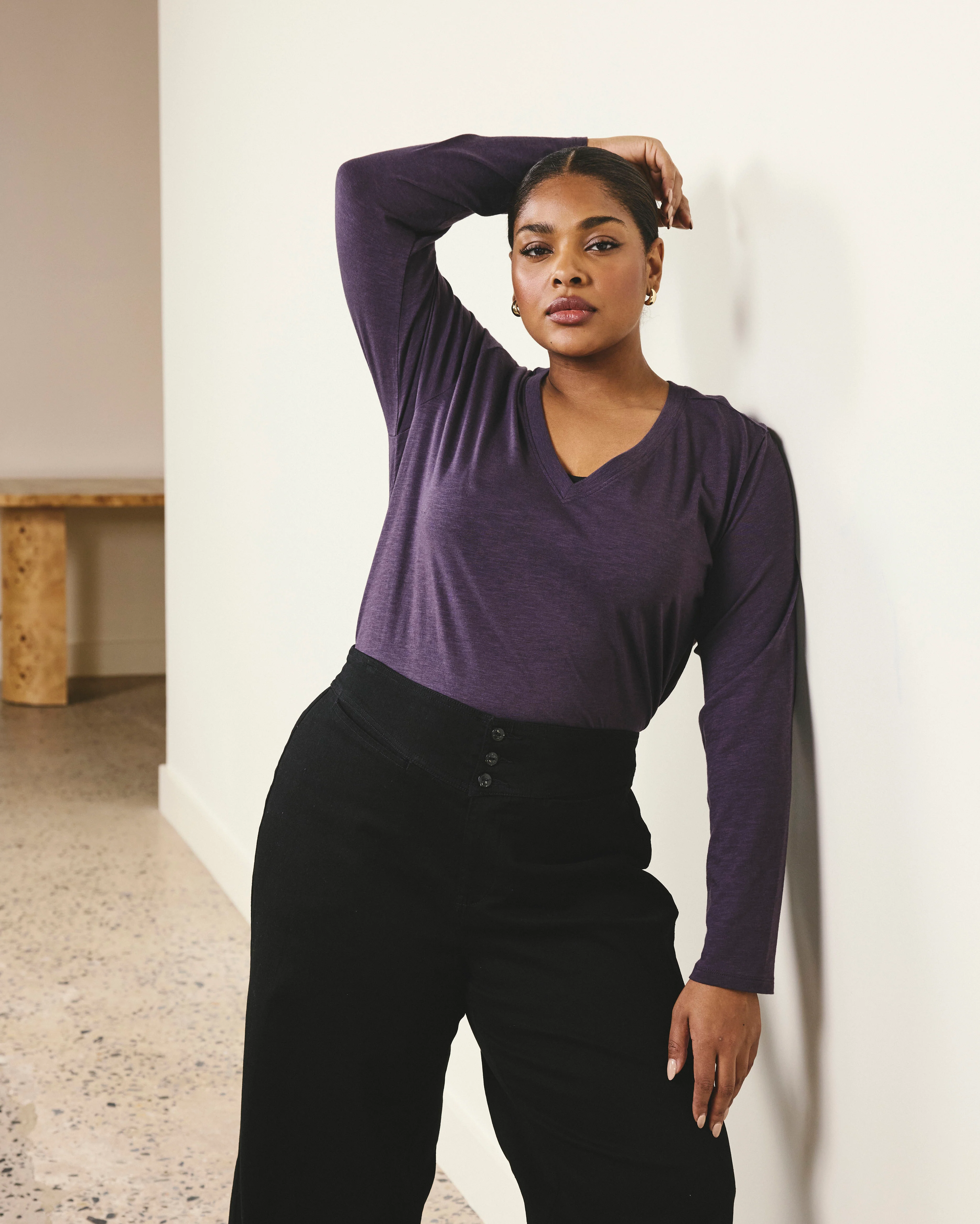 Light-As-Air Long Sleeve V Neck Tee - Purple Jewel - Image 2