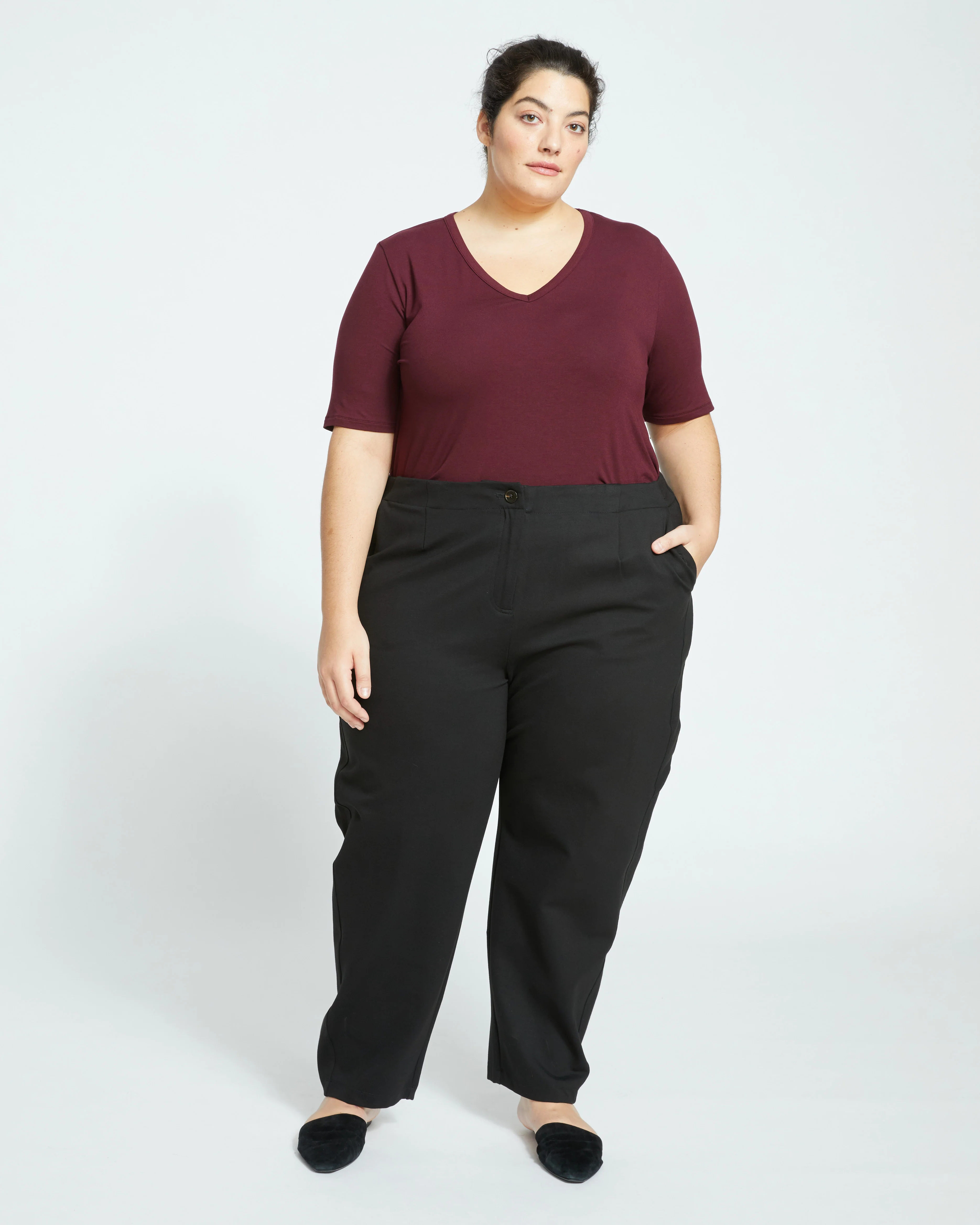 Lily Liquid Jersey V-Neck Stovepipe Tee - Black Cherry - Image 2