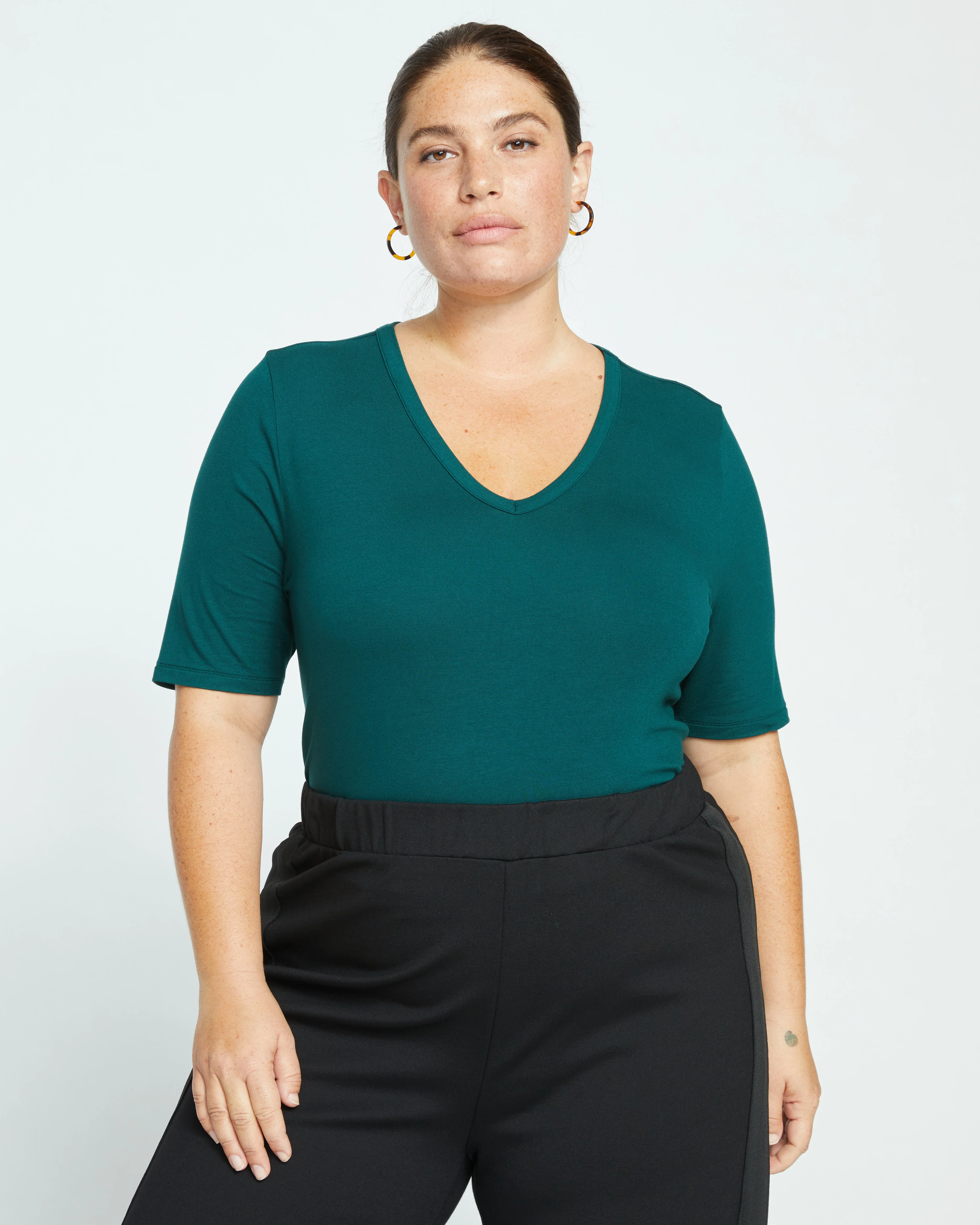 Lily Liquid Jersey V-Neck Stovepipe Tee - Forest Green - Image 2