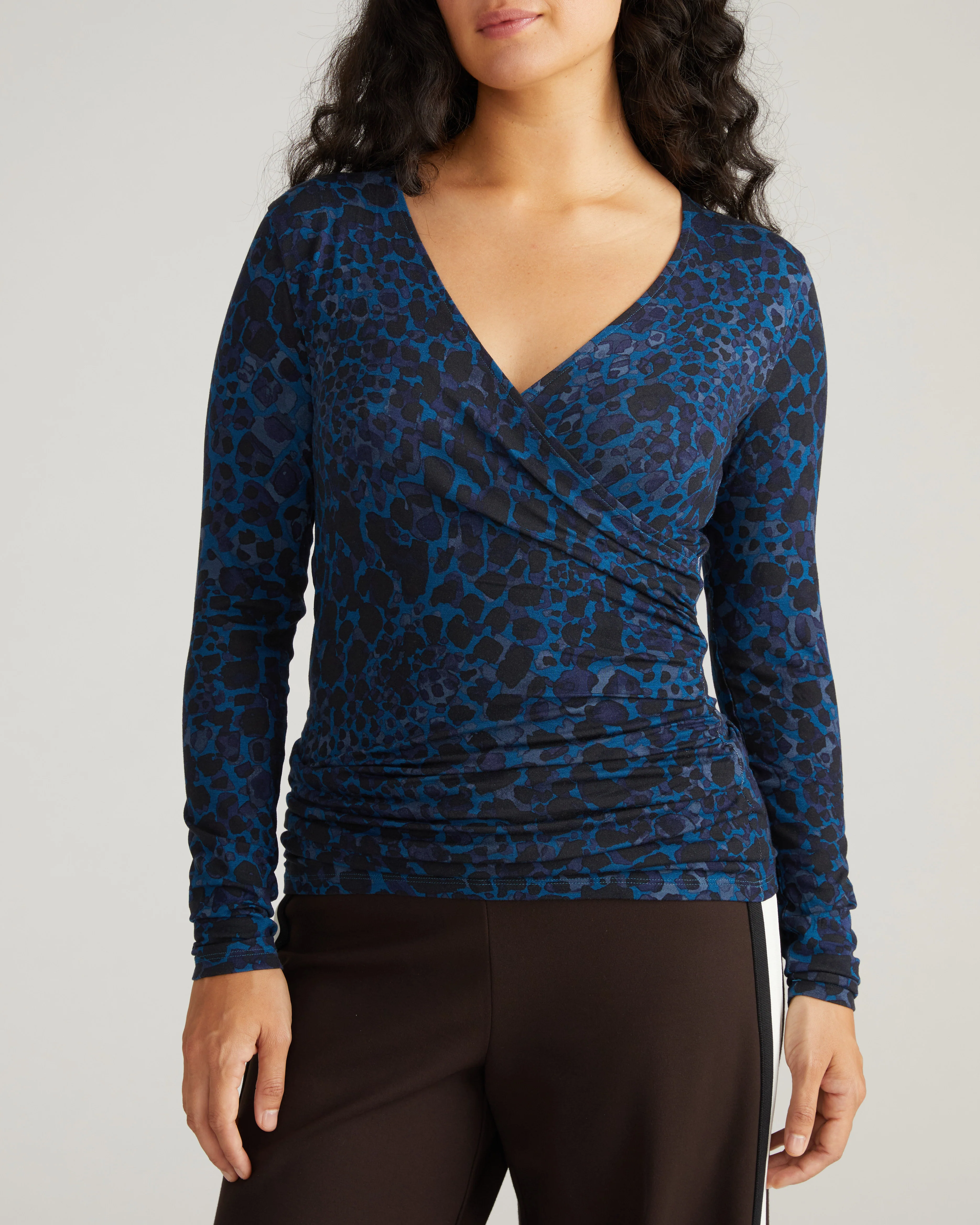Liquid Jersey Two-Way Long Sleeve Cross Top - Deep Teal Animal Print - Image 2