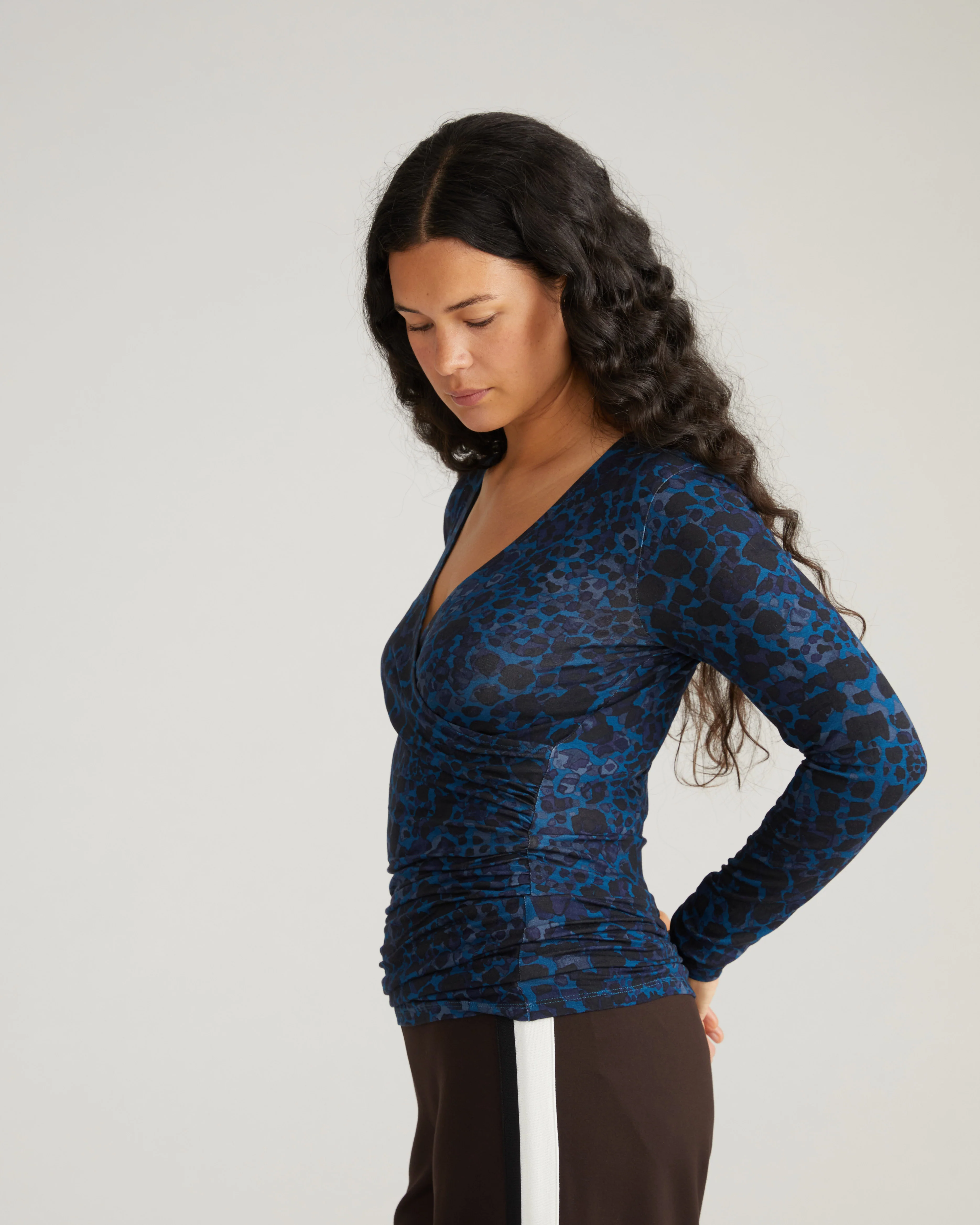 Liquid Jersey Two-Way Long Sleeve Cross Top - Deep Teal Animal Print - Image 3