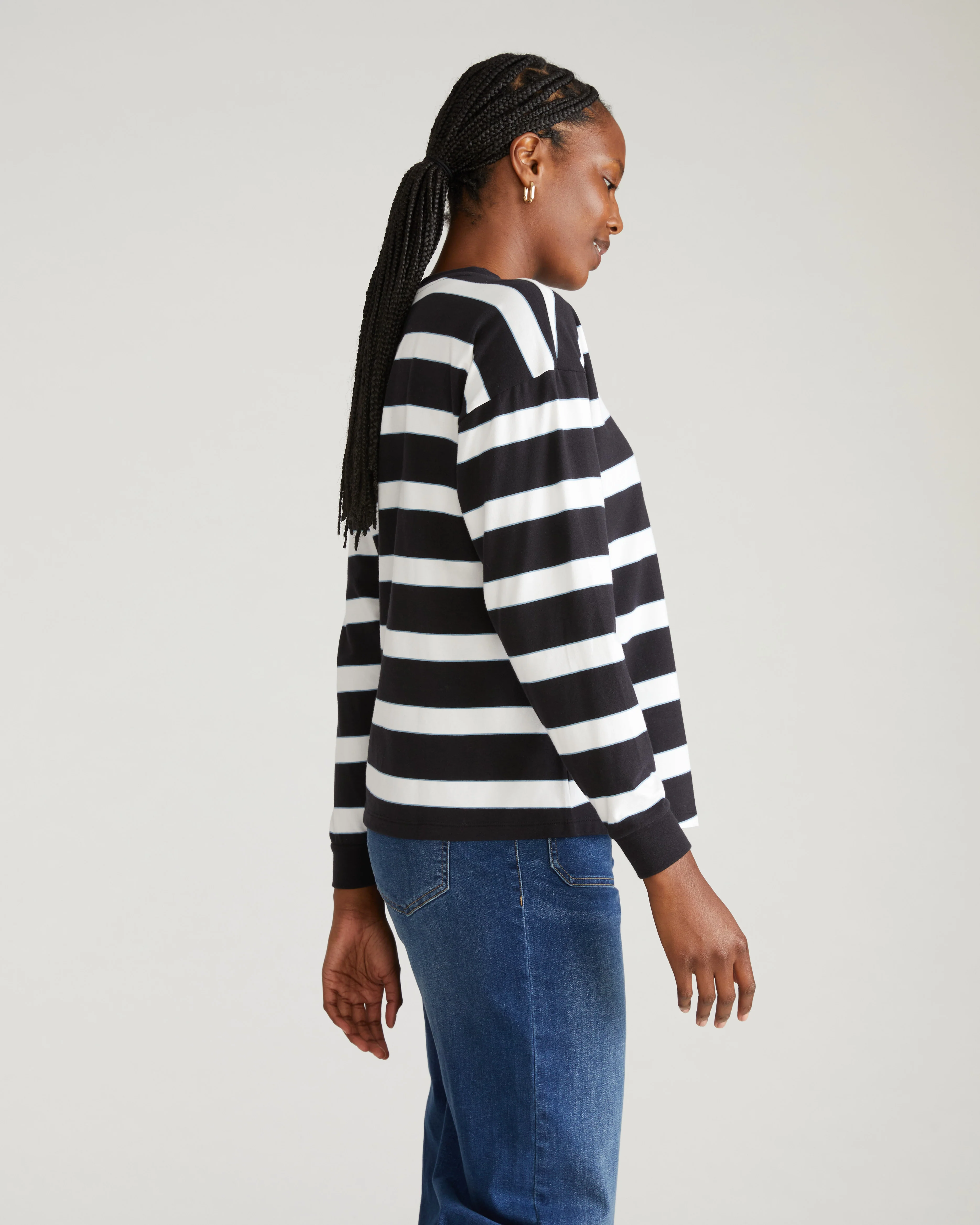 Long Sleeve Relaxed Tee - Black/White Stripe with Aqua Edge - Image 2