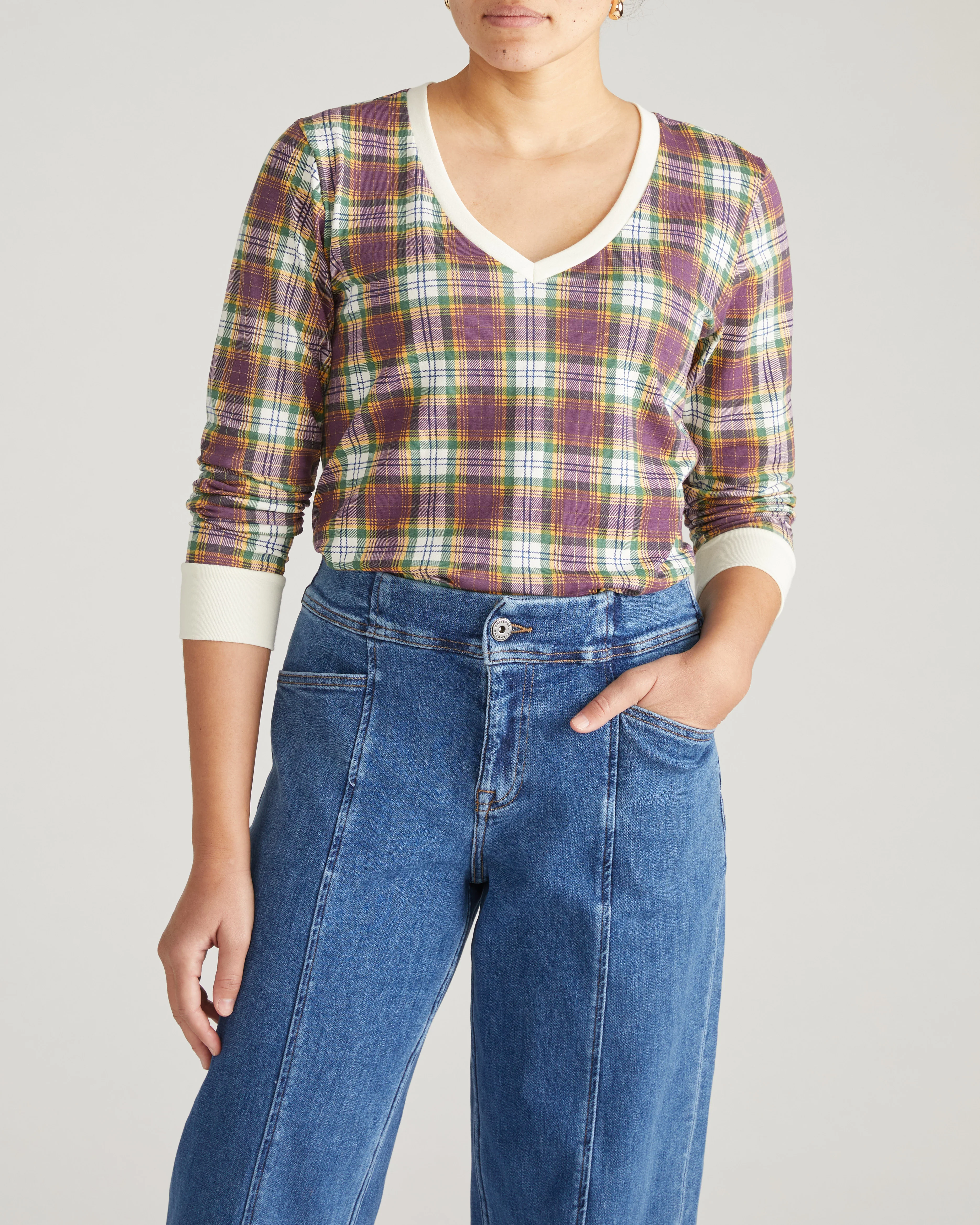 Long Sleeve V Rex - Purple Plaid - Image 2