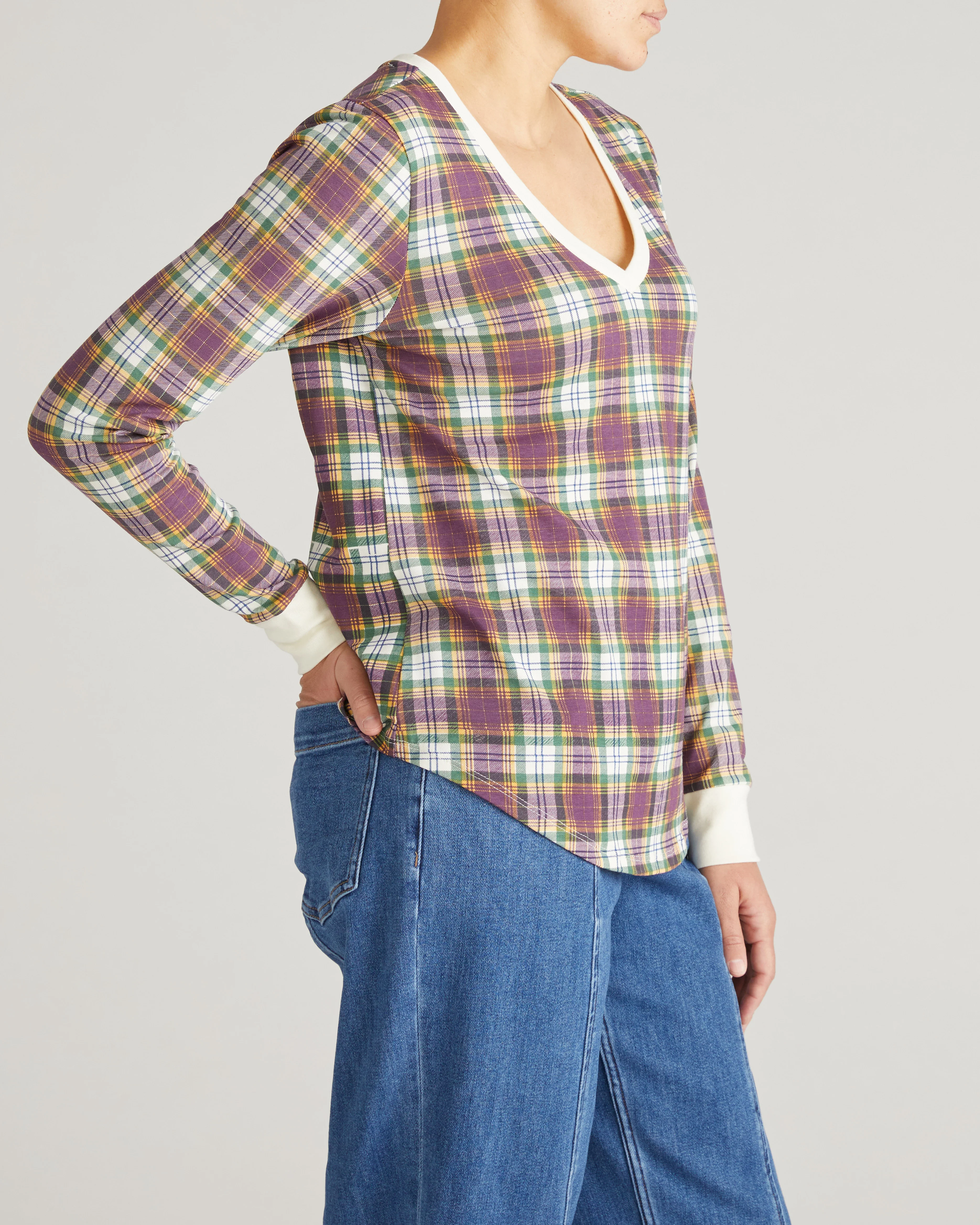 Long Sleeve V Rex - Purple Plaid - Image 3