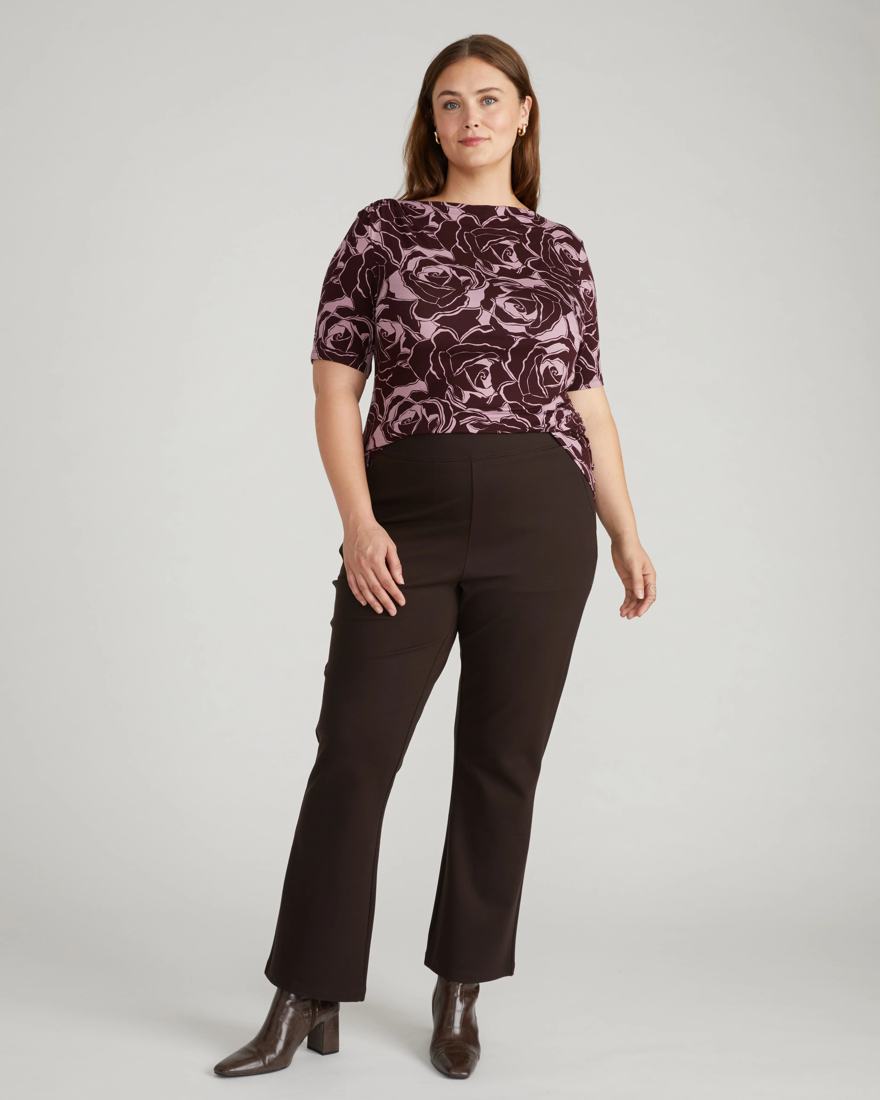 Louise Short Sleeve Liquid Jersey Top - Rose Print in Black Cherry - Image 3