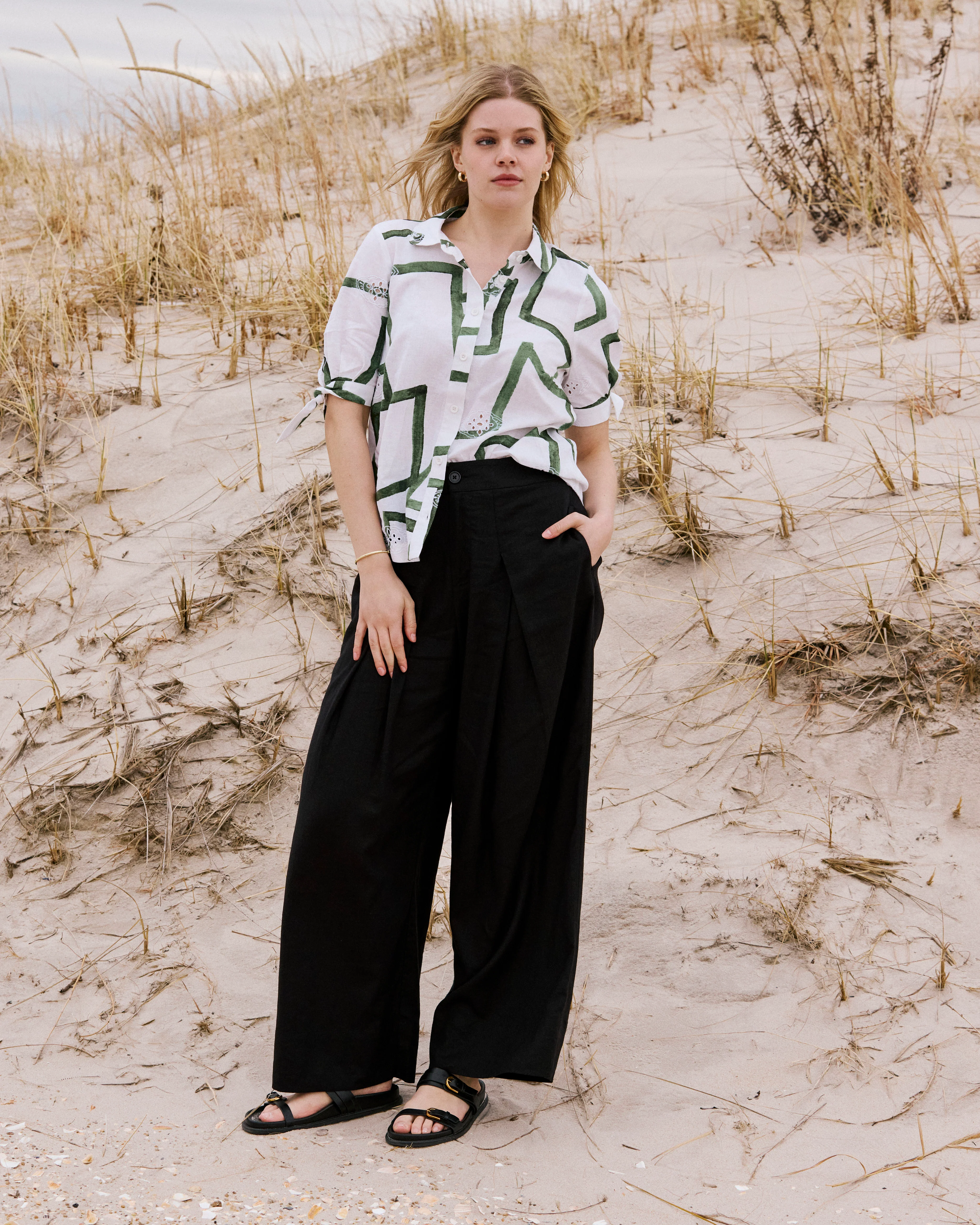 Luisa Short Sleeve Linen Shirt - Green Paint Print - Image 3