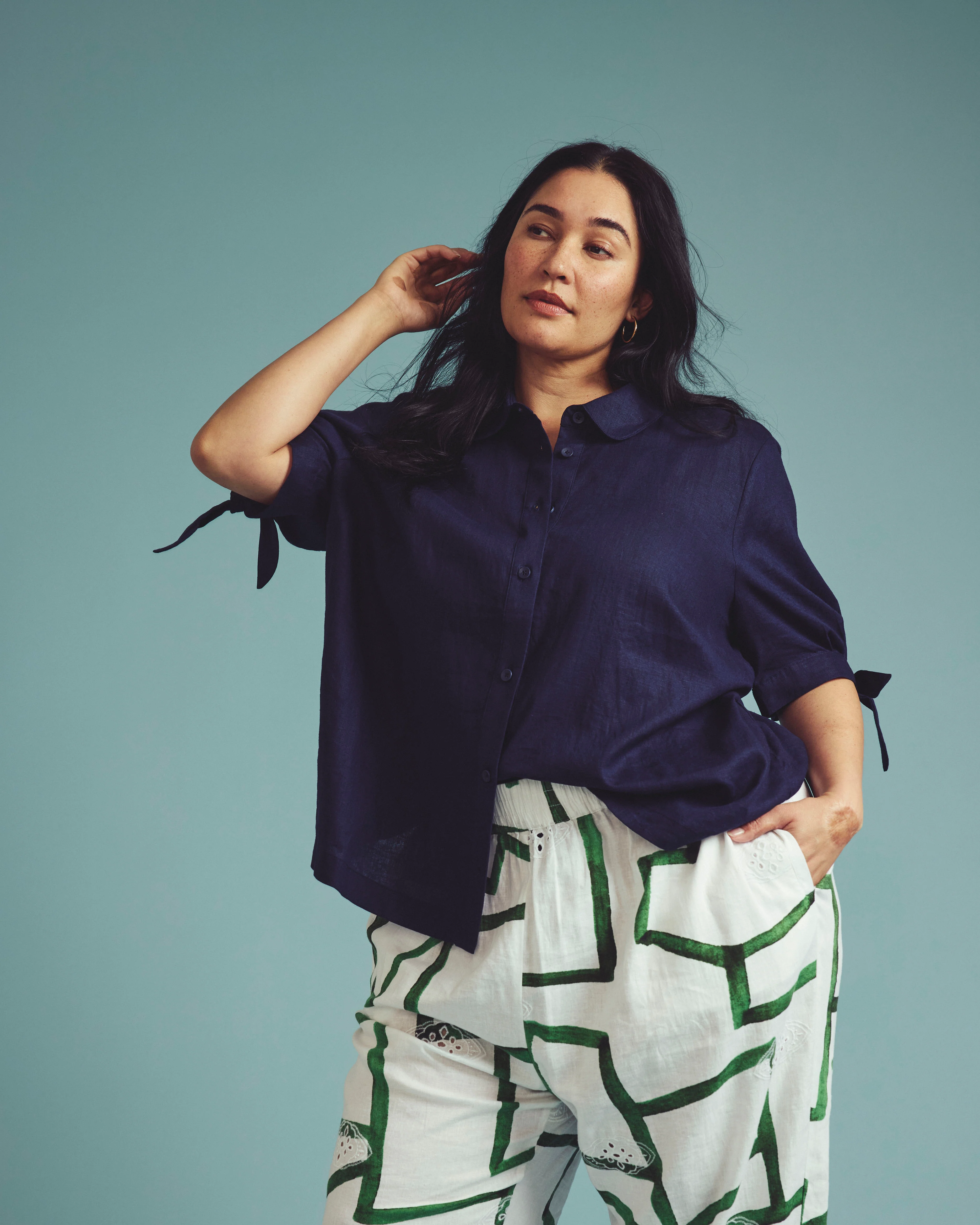 Luisa Short Sleeve Linen Shirt - Navy - Image 3