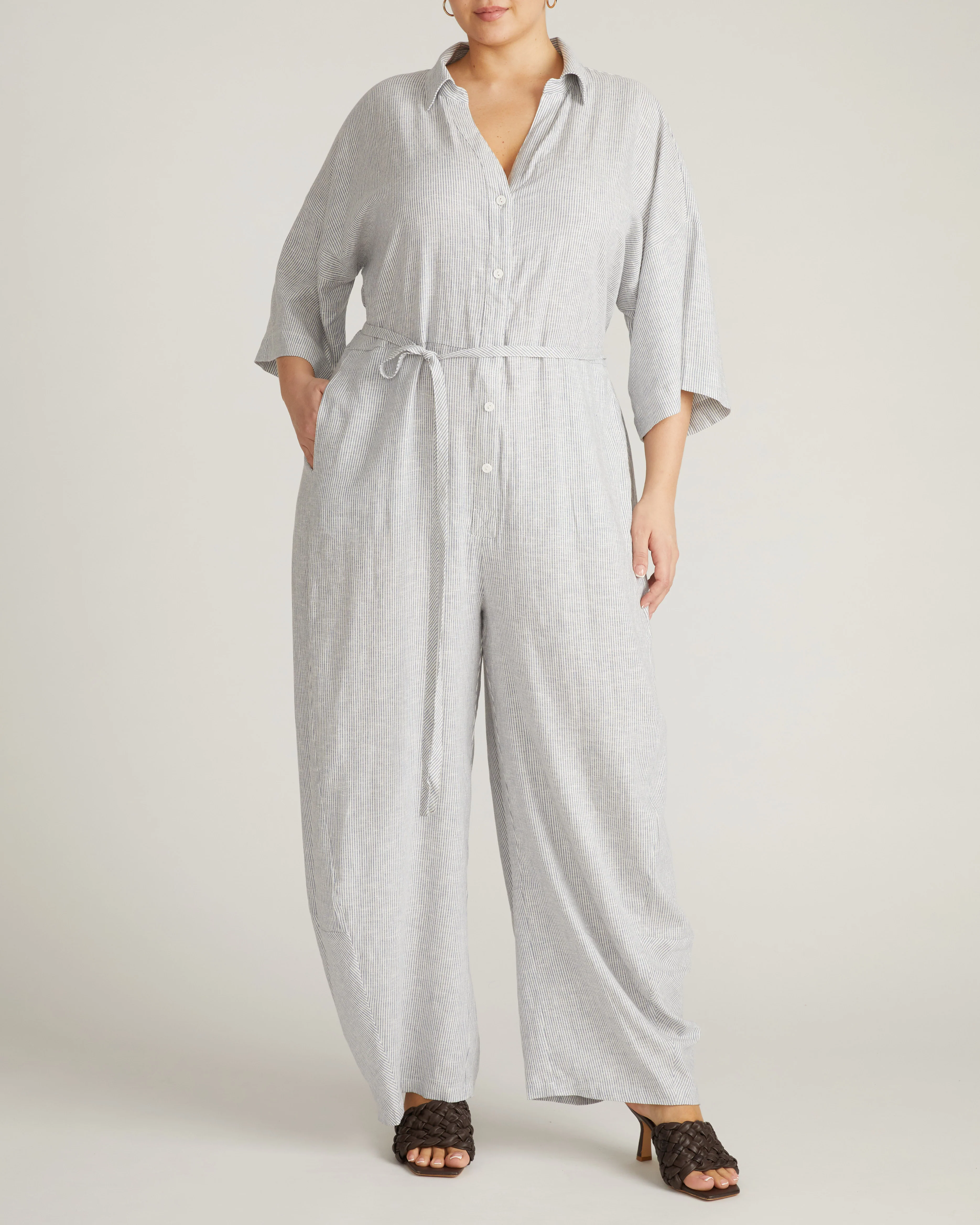 Maggie Barrel Leg Linen Jumpsuit - Beach Stripe - Image 2