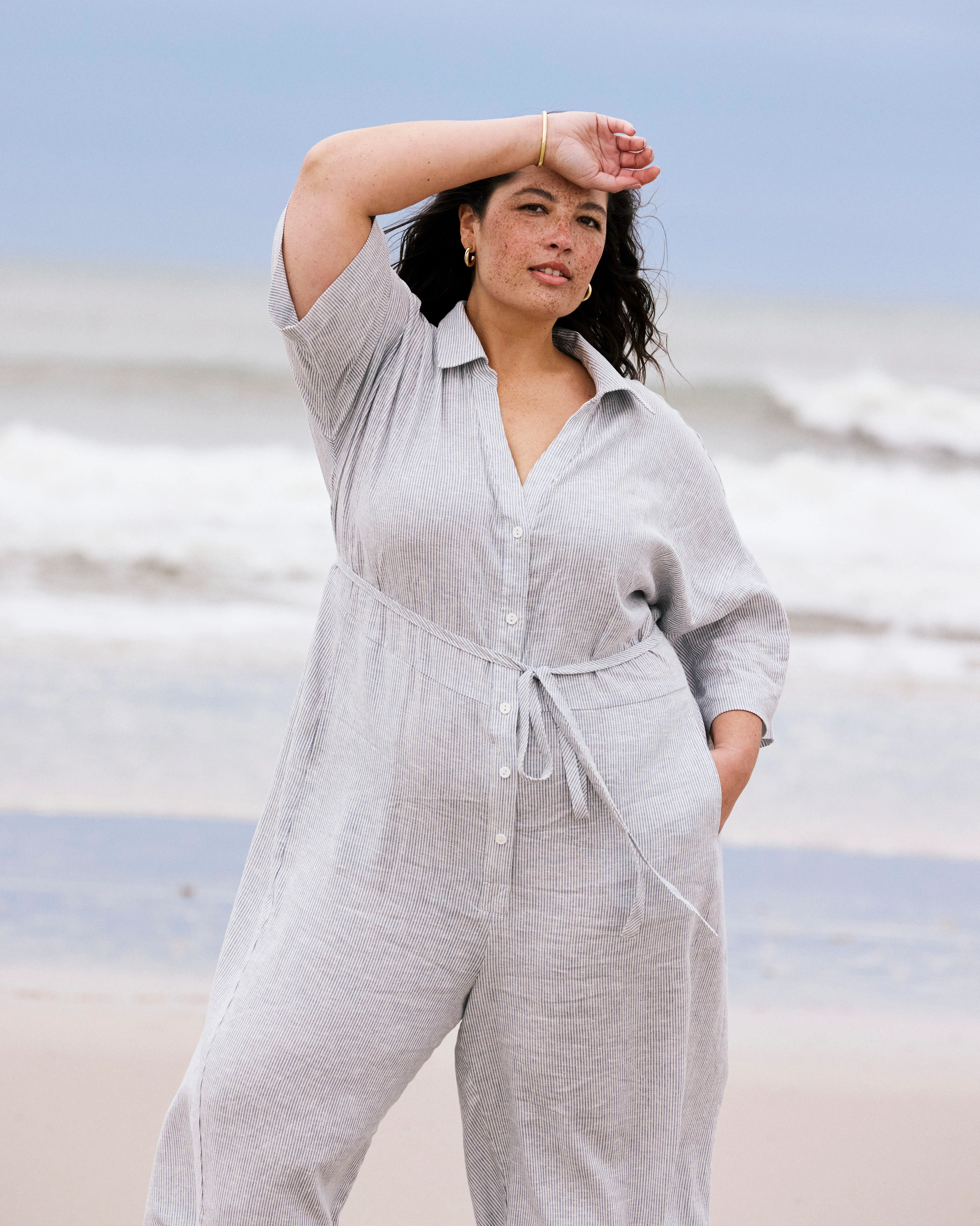 Maggie Barrel Leg Linen Jumpsuit - Beach Stripe - Image 5