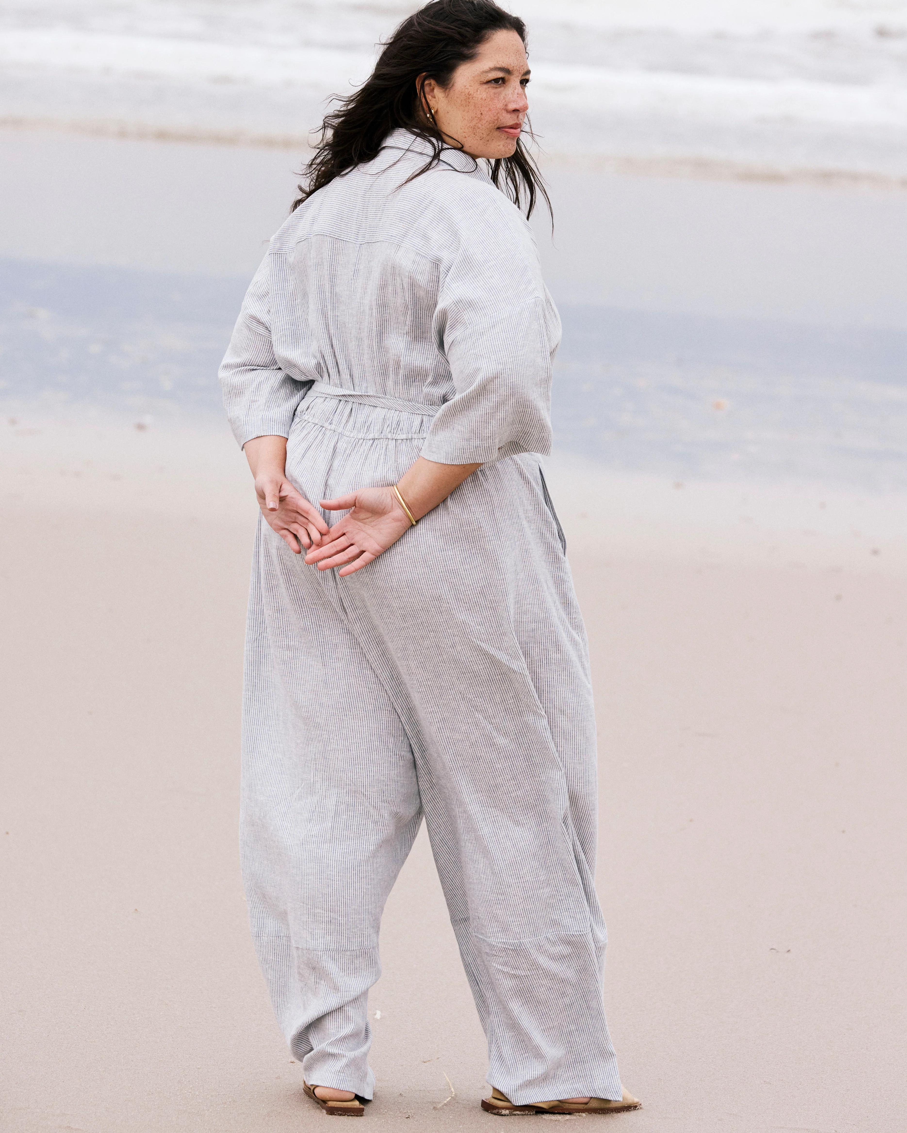 Maggie Barrel Leg Linen Jumpsuit - Beach Stripe - Image 6