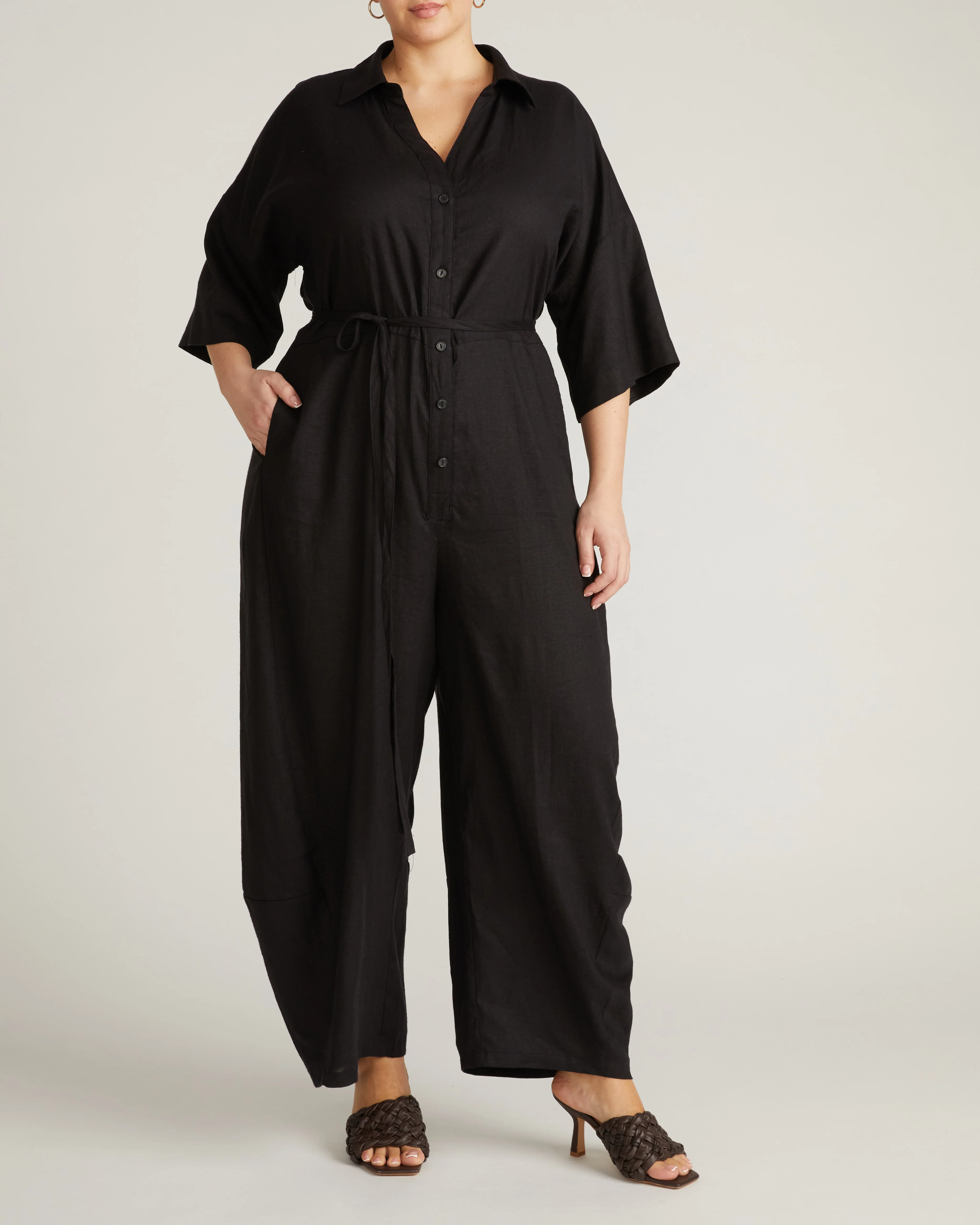 Maggie Barrel Leg Linen Jumpsuit - Black - Image 4