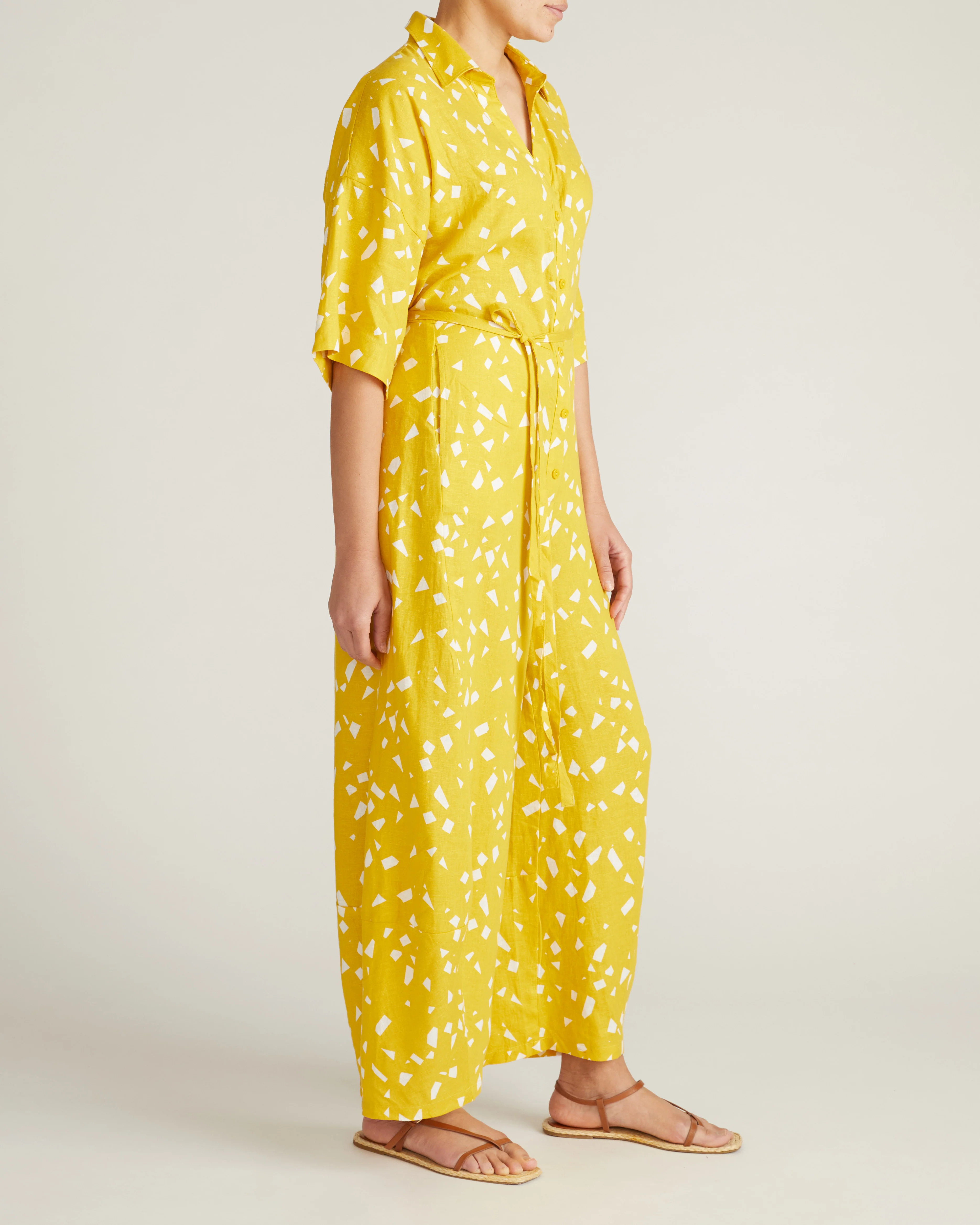 Maggie Barrel Leg Linen Jumpsuit - Yellow Confetti Print - Image 4