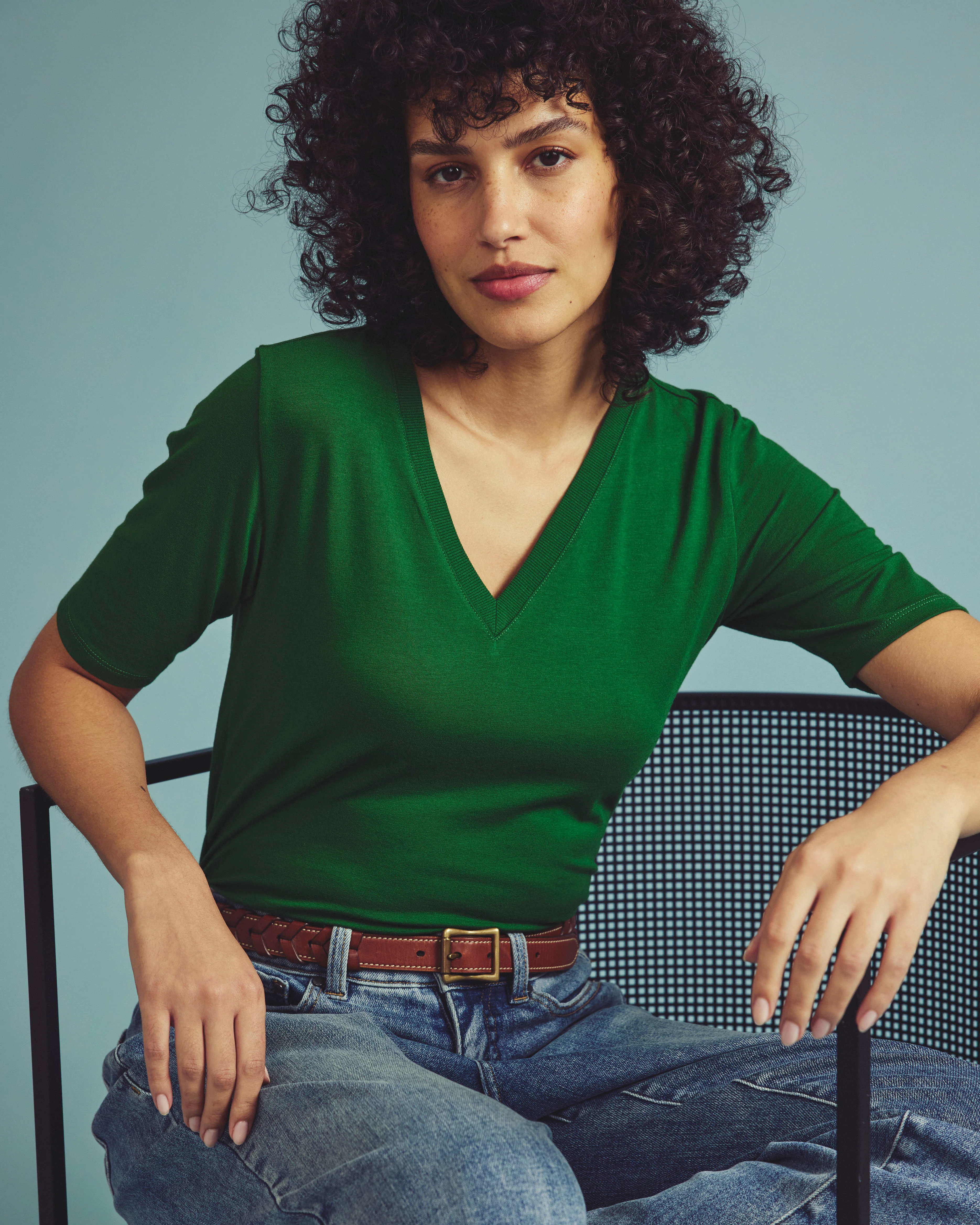Maia Stovepipe Sleeve V Neck Tee - Green Park - Image 2