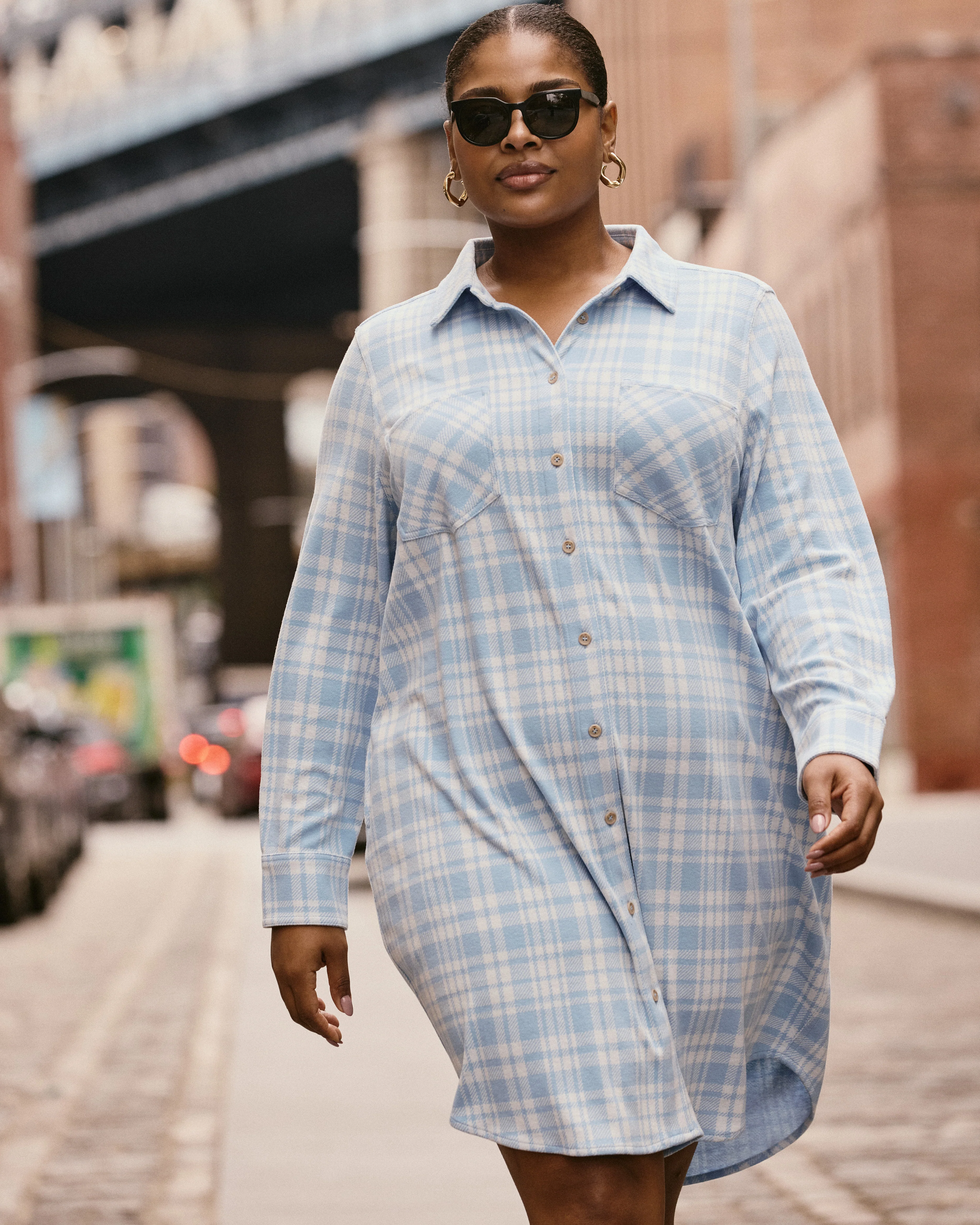 Maine Stretch Flannel Shirtdress - Teapot Whistle Blue Plaid - Image 3