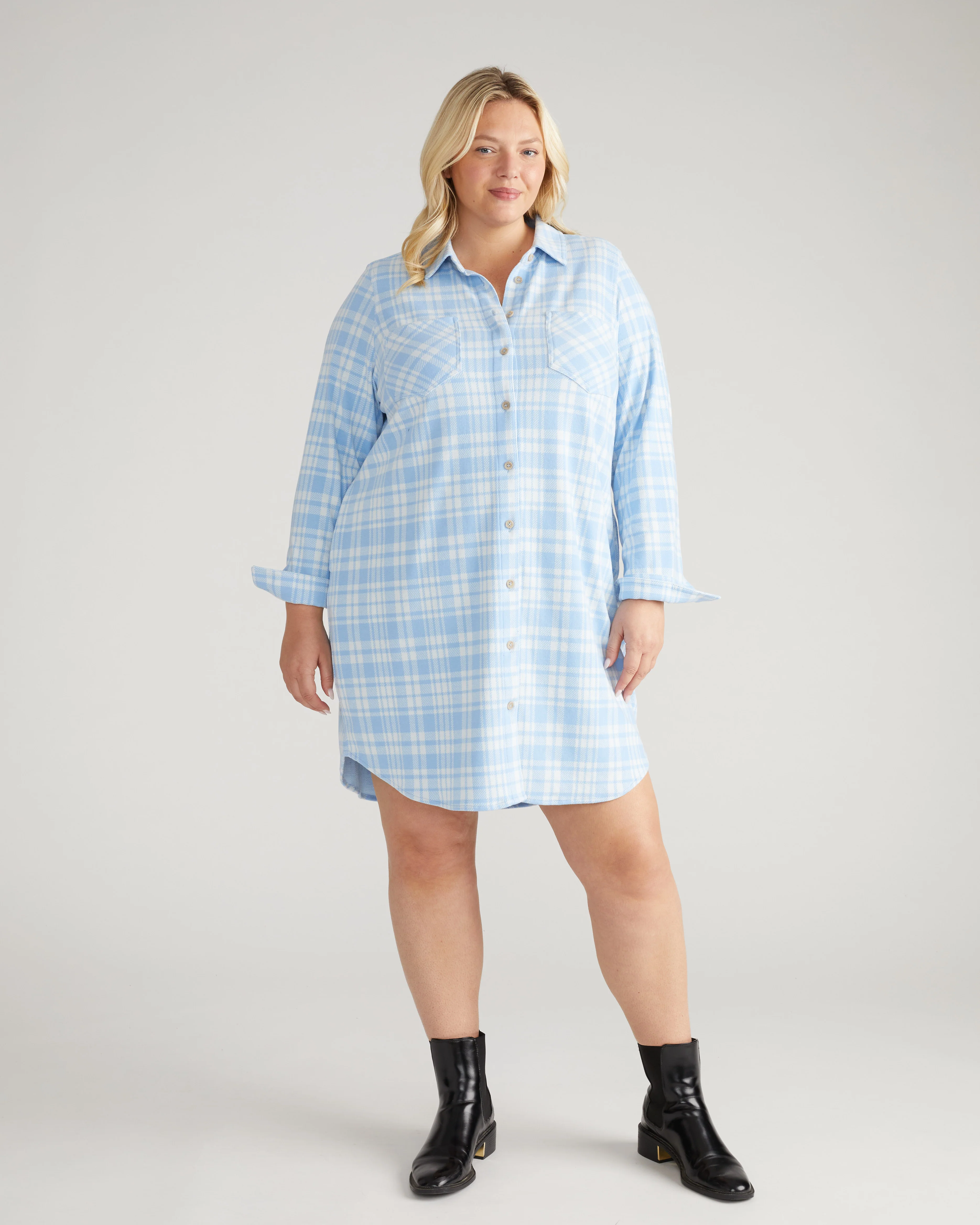 Maine Stretch Flannel Shirtdress - Teapot Whistle Blue Plaid - Image 4