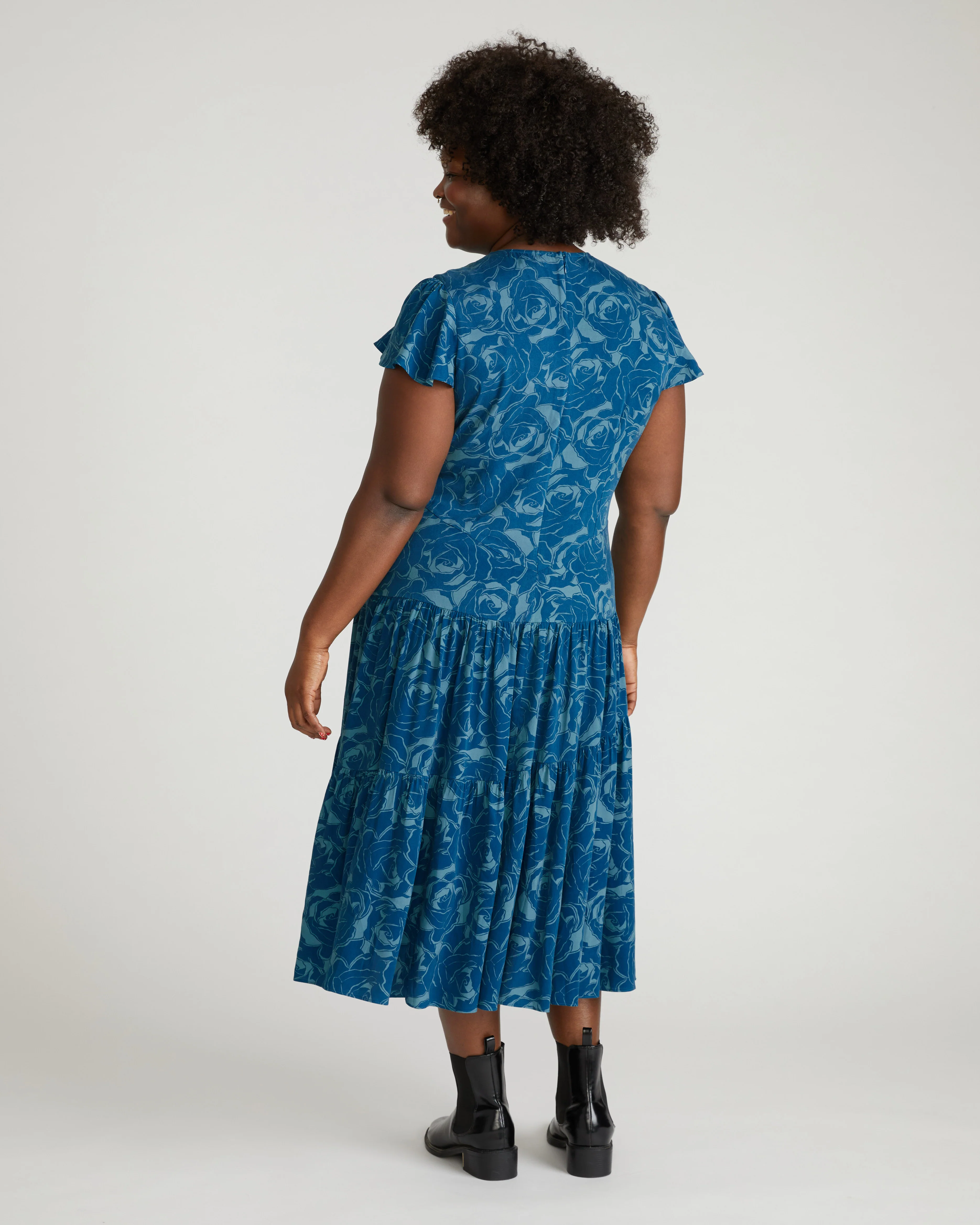 Mariella Stretch Cupro Dress - Rose Print in Deep Teal - Image 6