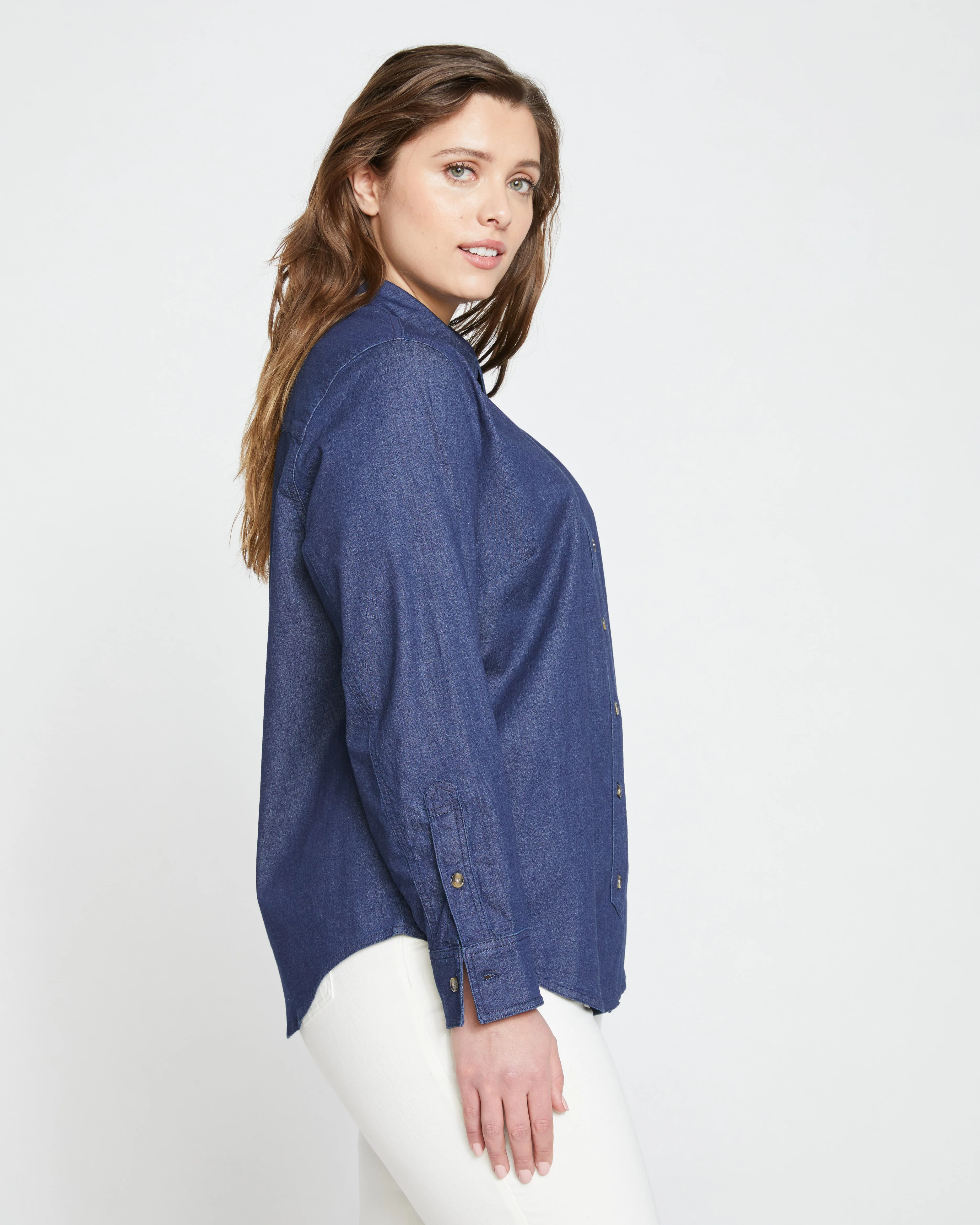 Minimalist Stretch Cotton Chambray Shirt - Dark Indigo - Image 6