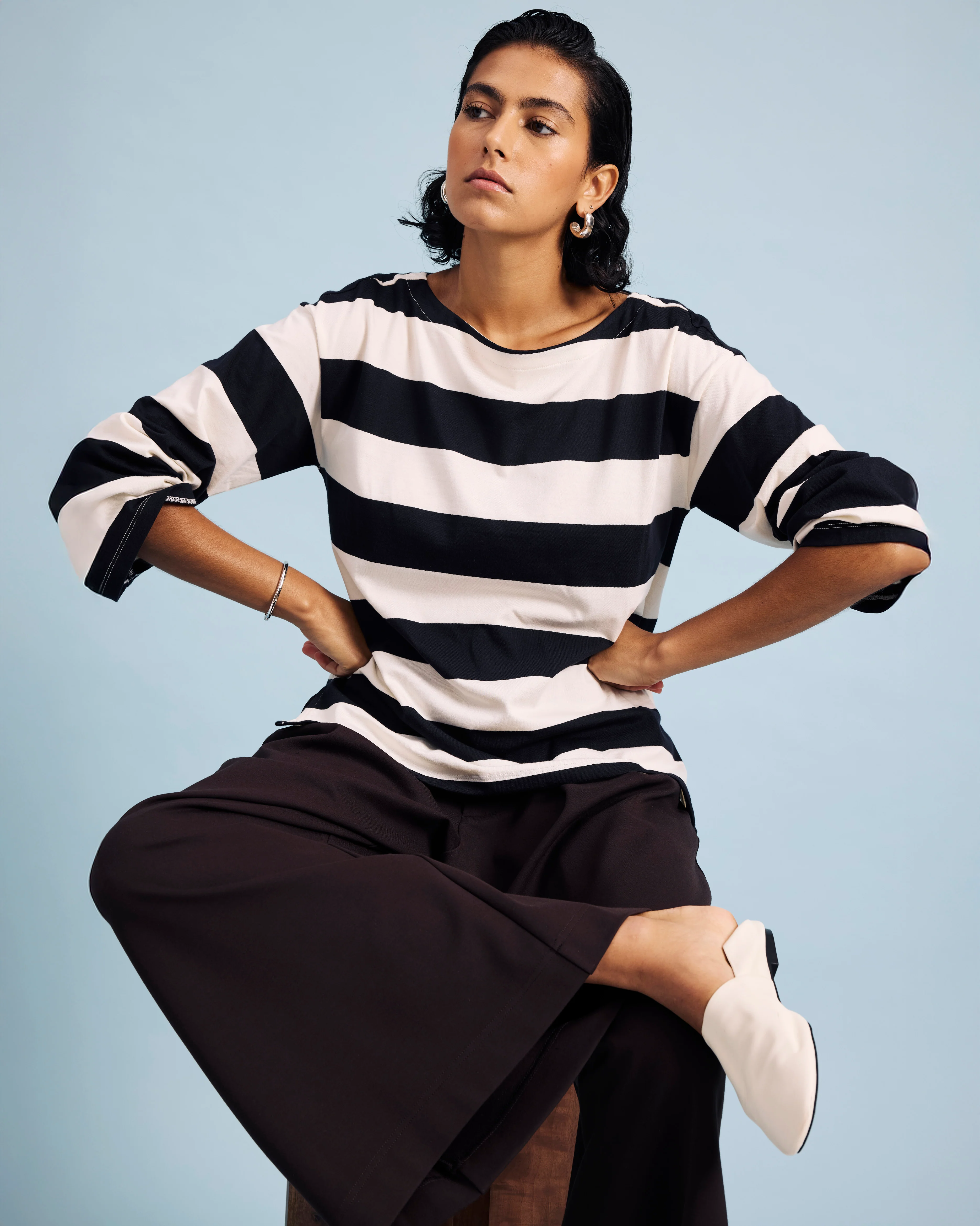 Montauk Breton Stripe Bell Sleeve Top - Ecru/Black Rugby Stripe - Image 3