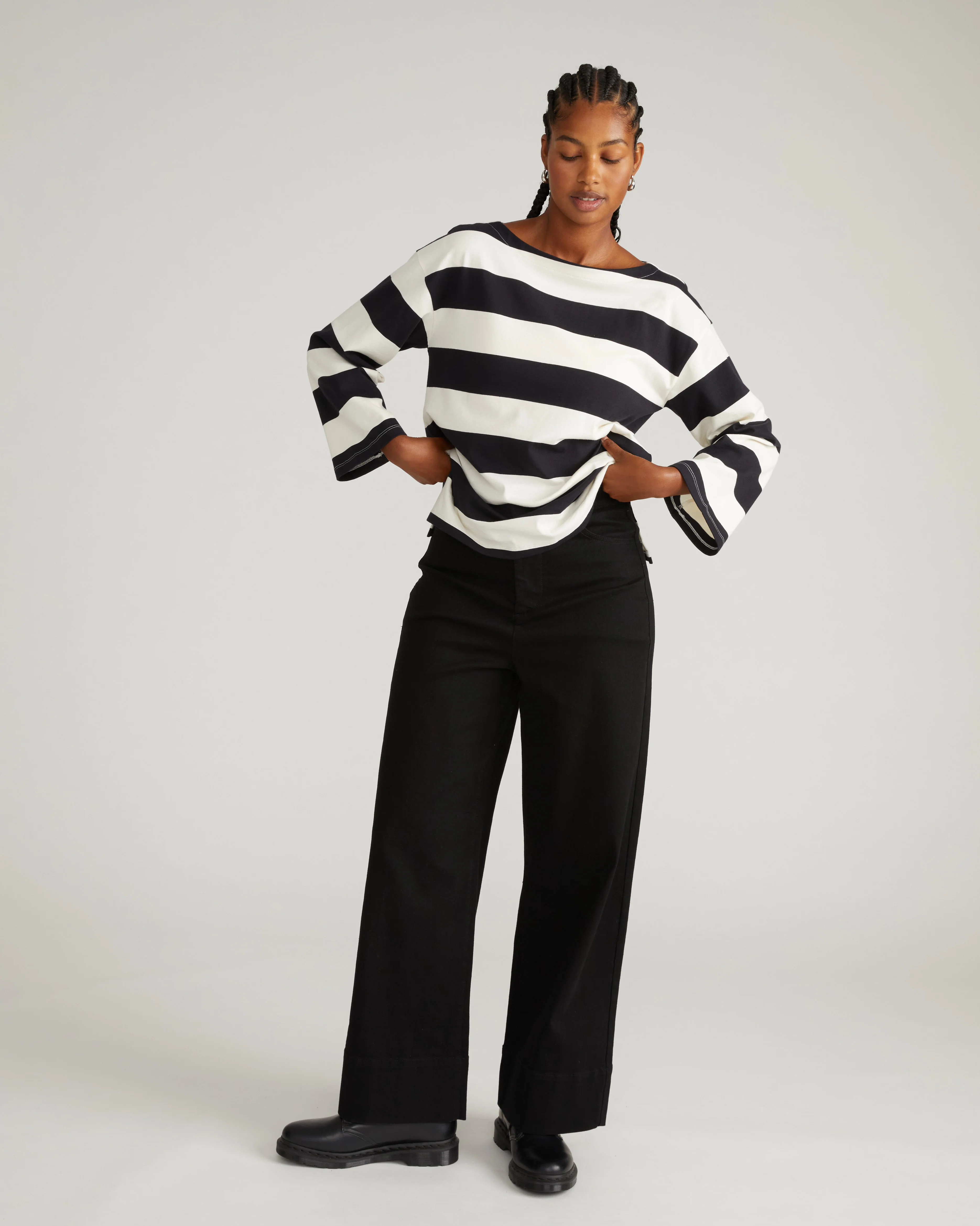 Montauk Breton Stripe Bell Sleeve Top - Ecru/Black Rugby Stripe - Image 5