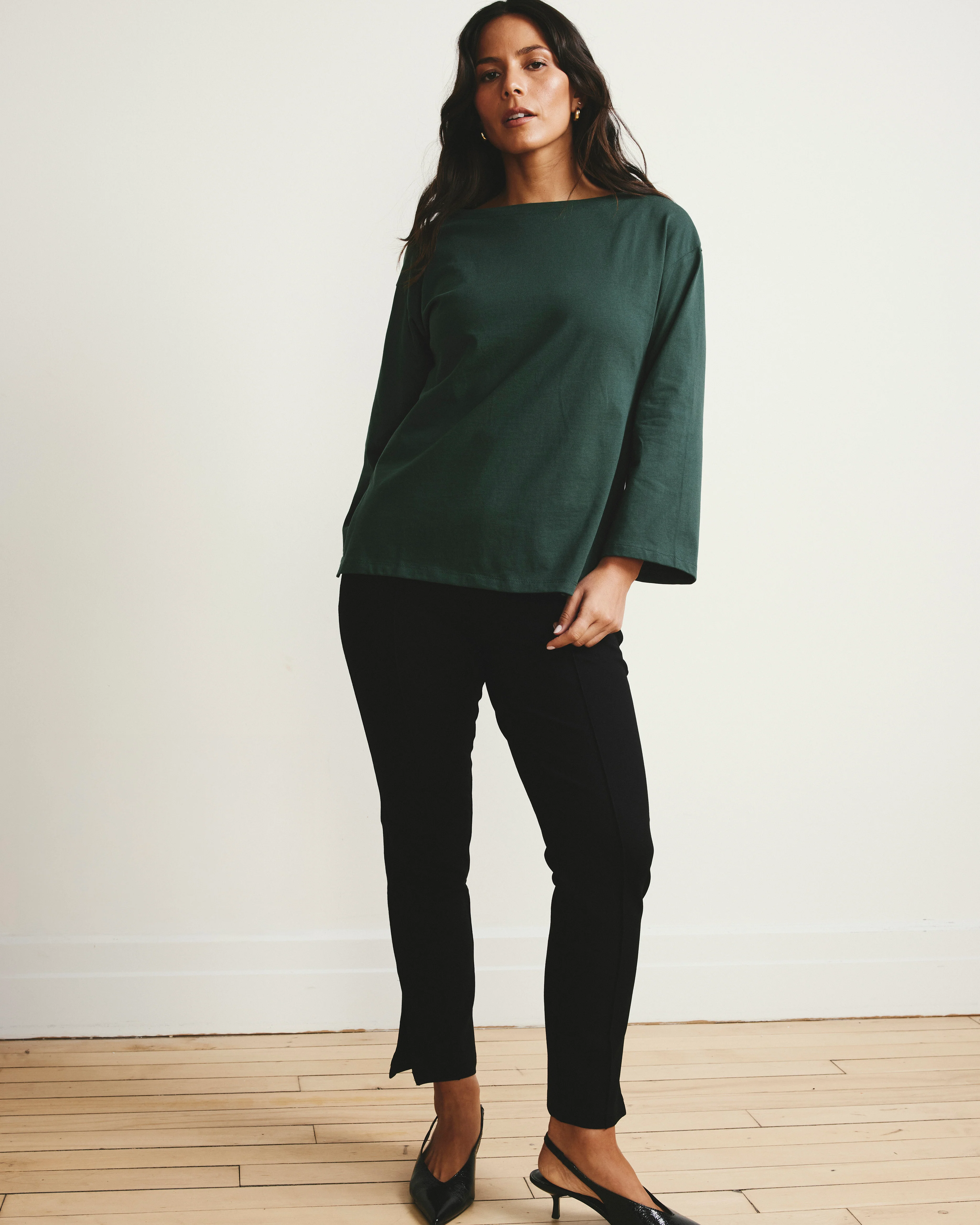 Montauk Breton Stripe Bell Sleeve Top - Solid Conifer - Image 3