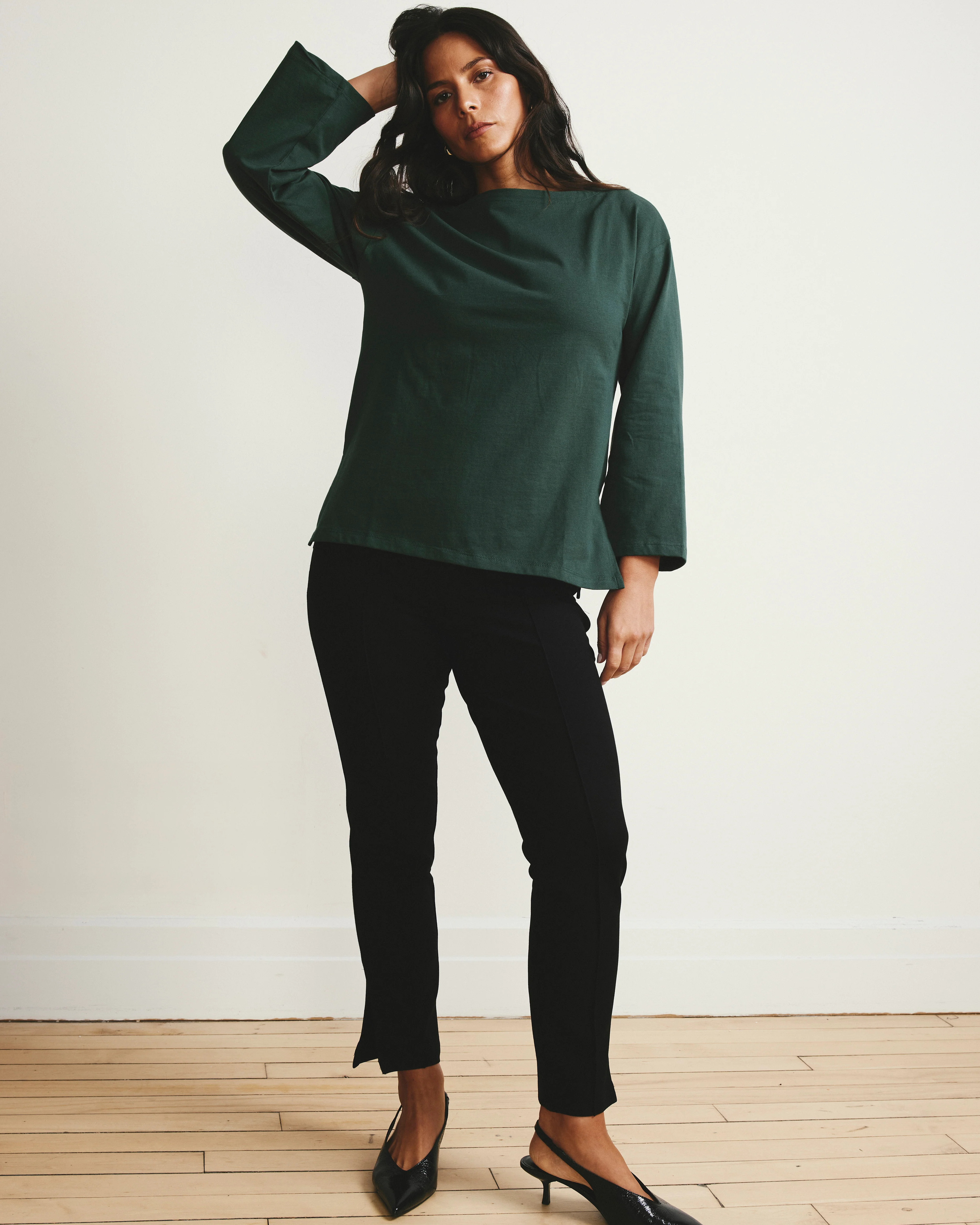 Montauk Breton Stripe Bell Sleeve Top - Solid Conifer - Image 4
