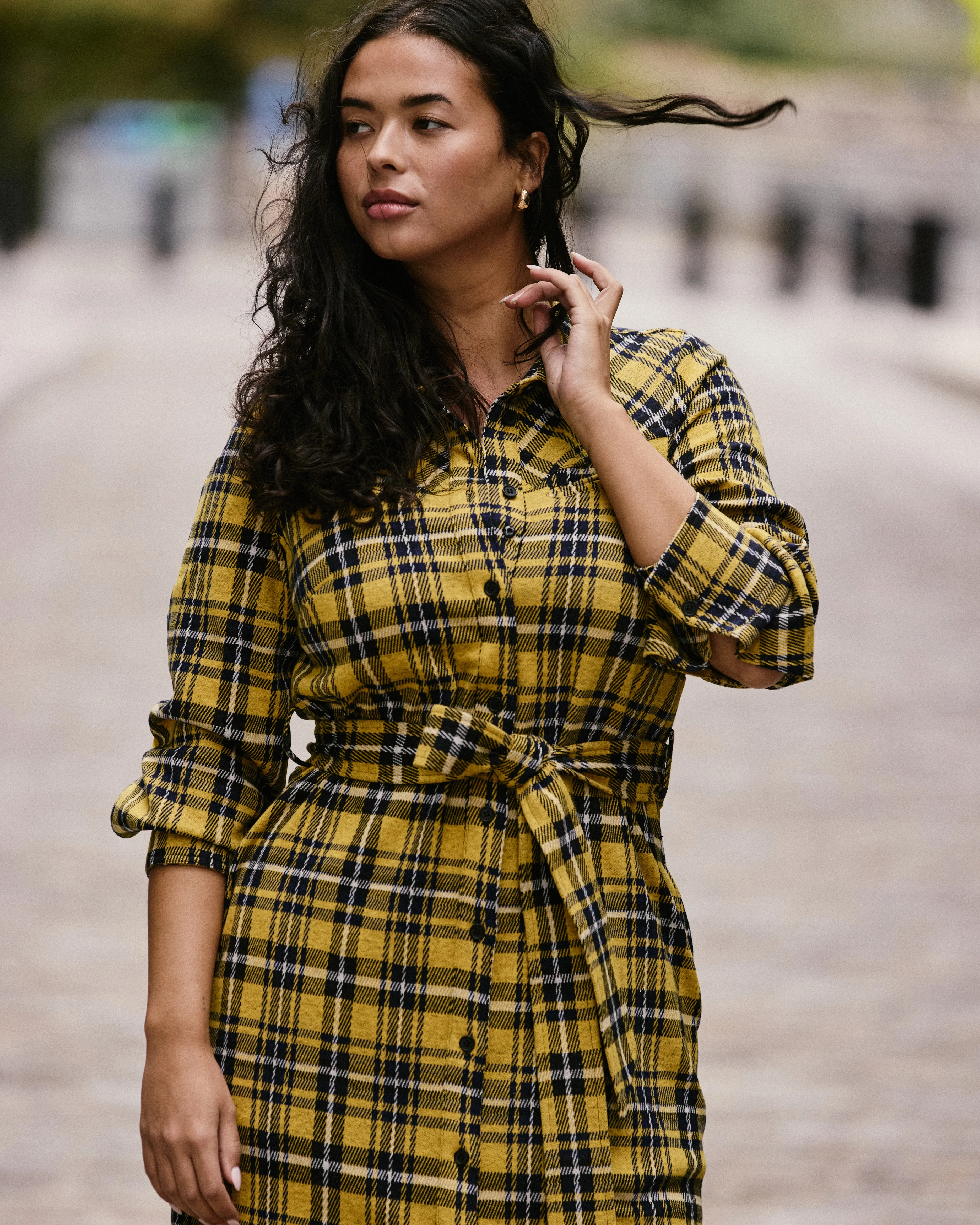 Morgan Belted Stretch Flannel Shirtdress - Chamomile Yellow Plaid - Image 3