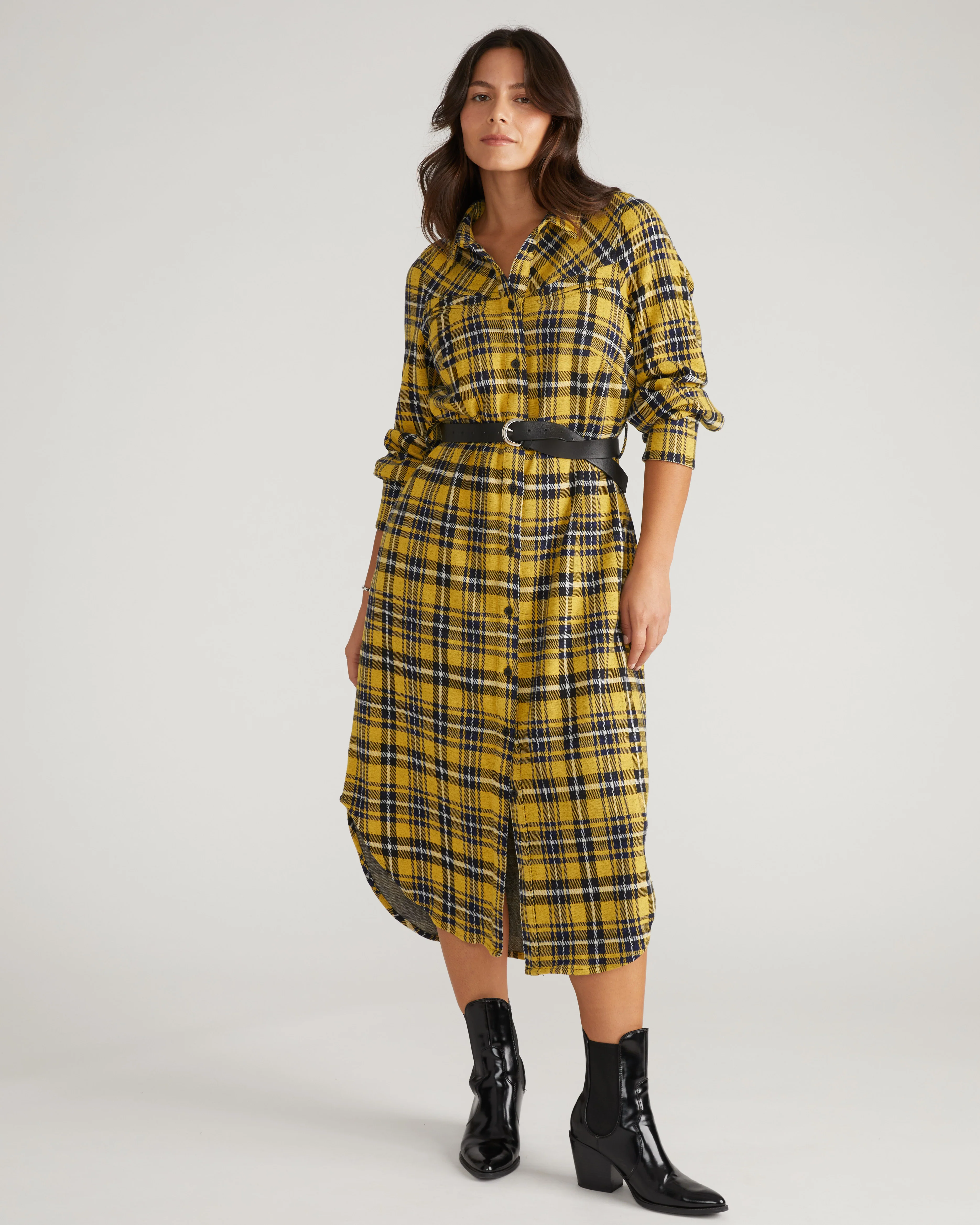 Morgan Belted Stretch Flannel Shirtdress - Chamomile Yellow Plaid - Image 5