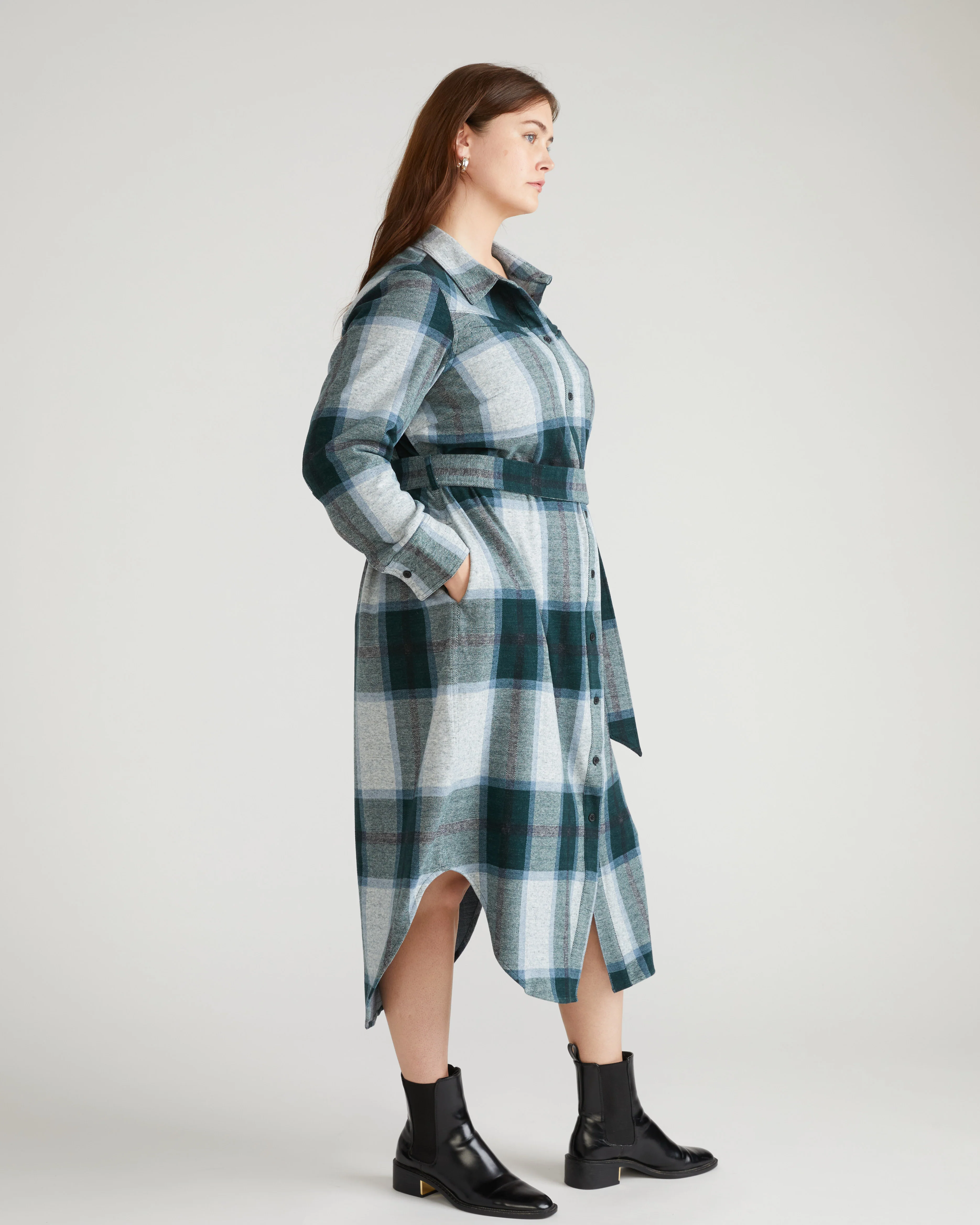 Morgan Belted Stretch Flannel Shirtdress - Mate Green Plaid - Image 2