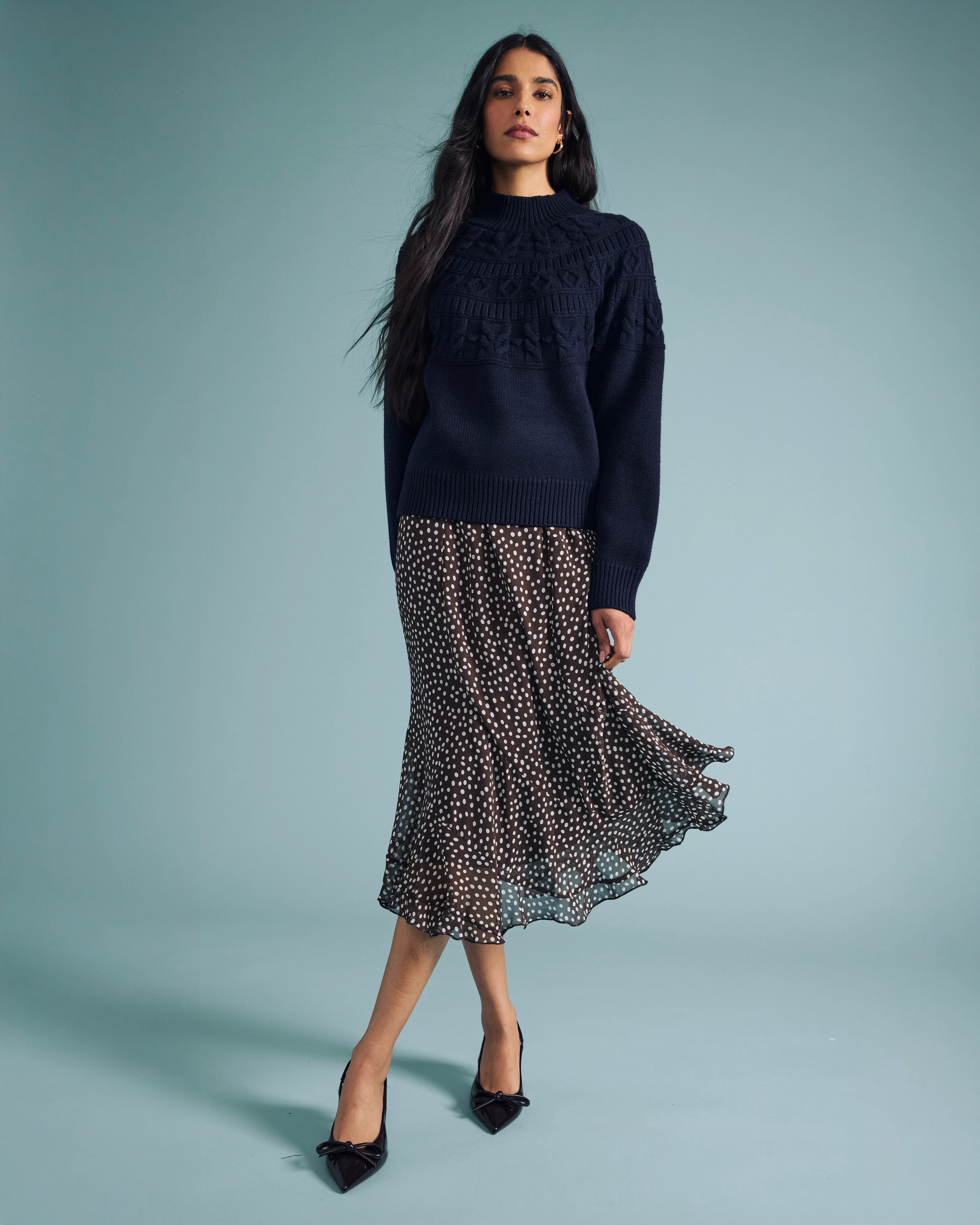 Navarte Chiffon Midi Skirt - Brown/White Dot Print - Image 3
