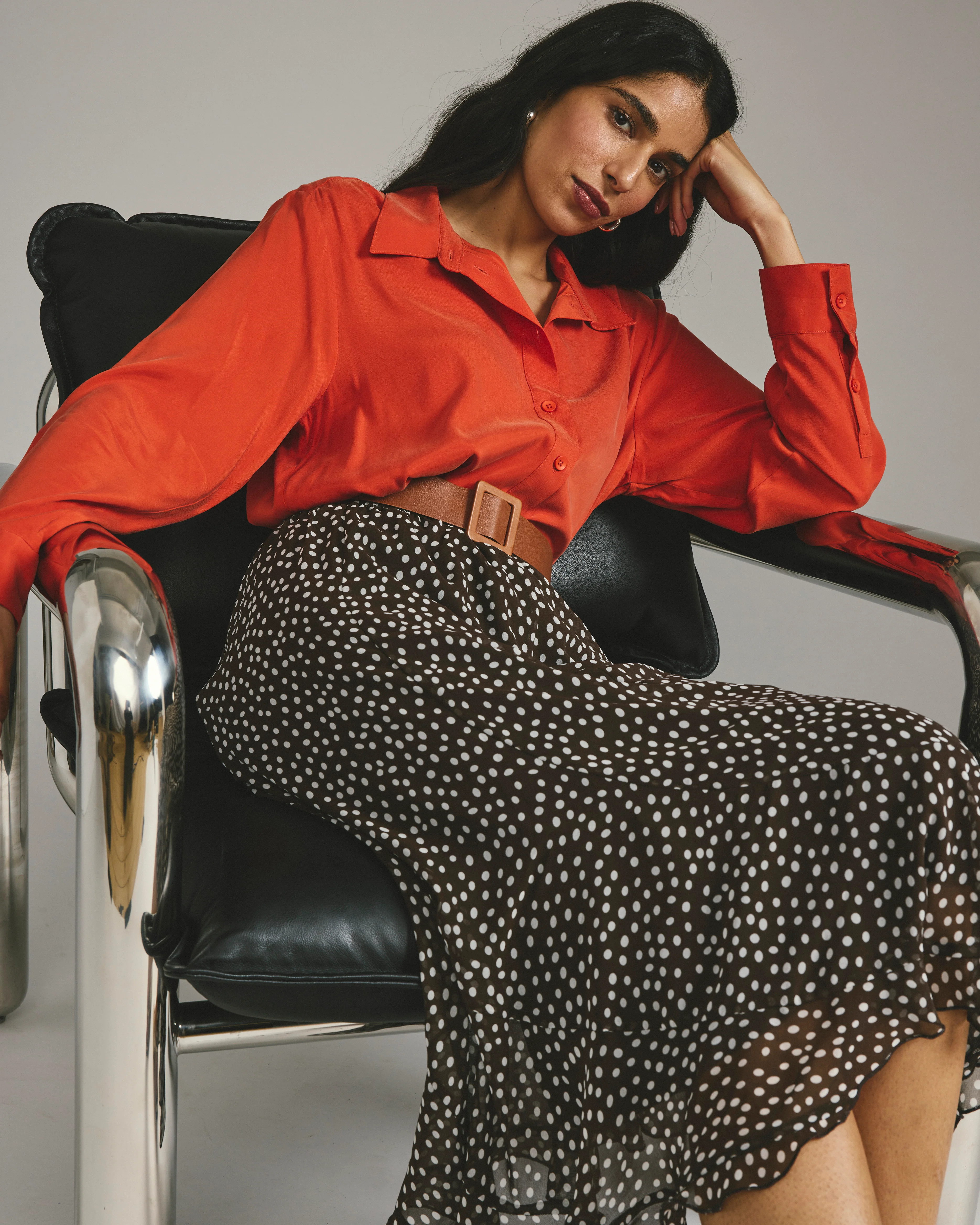 Navarte Chiffon Midi Skirt - Brown/White Dot Print - Image 5