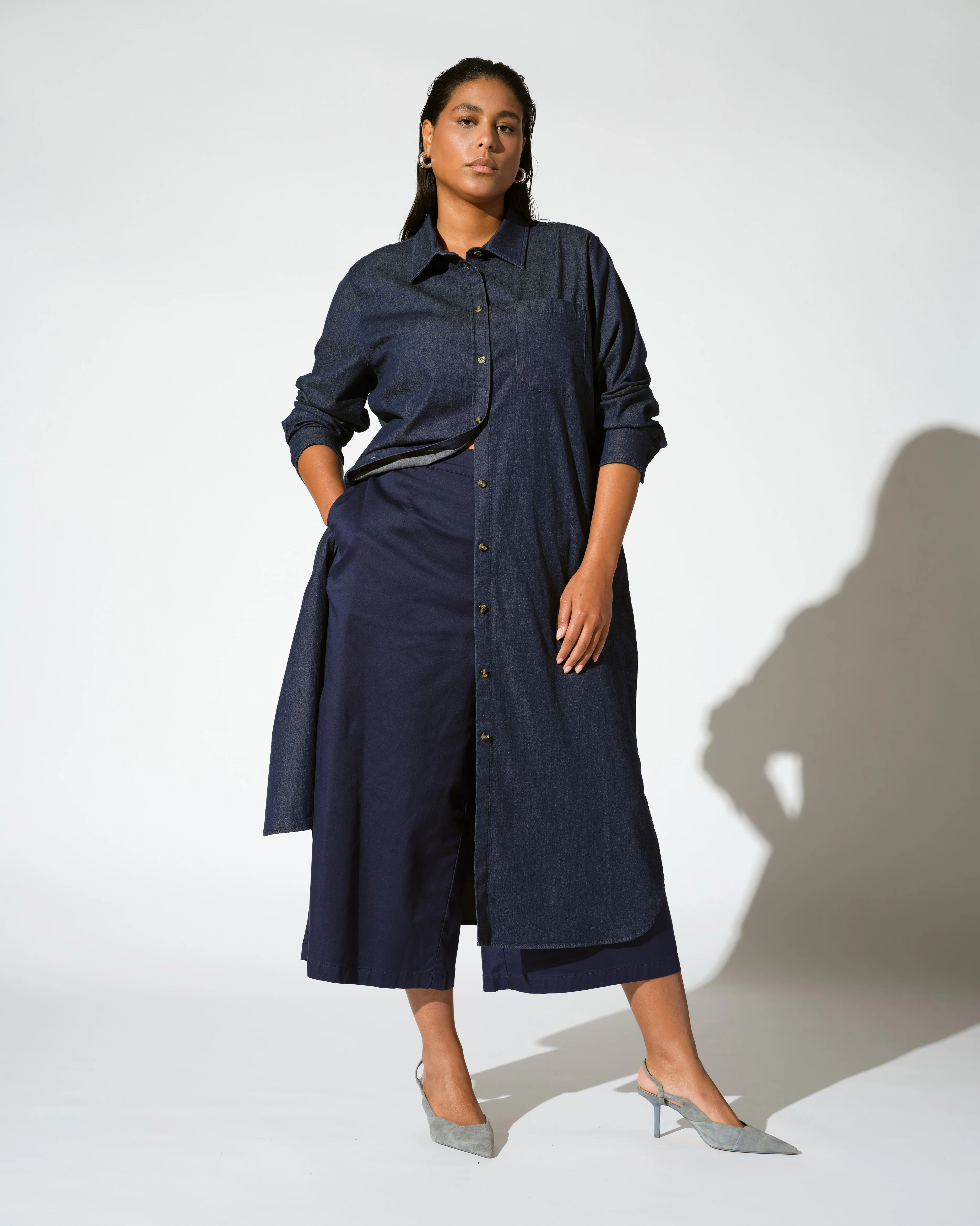 Odeon Stretch Cotton Chambray Shirtdress - Dark Indigo - Image 2