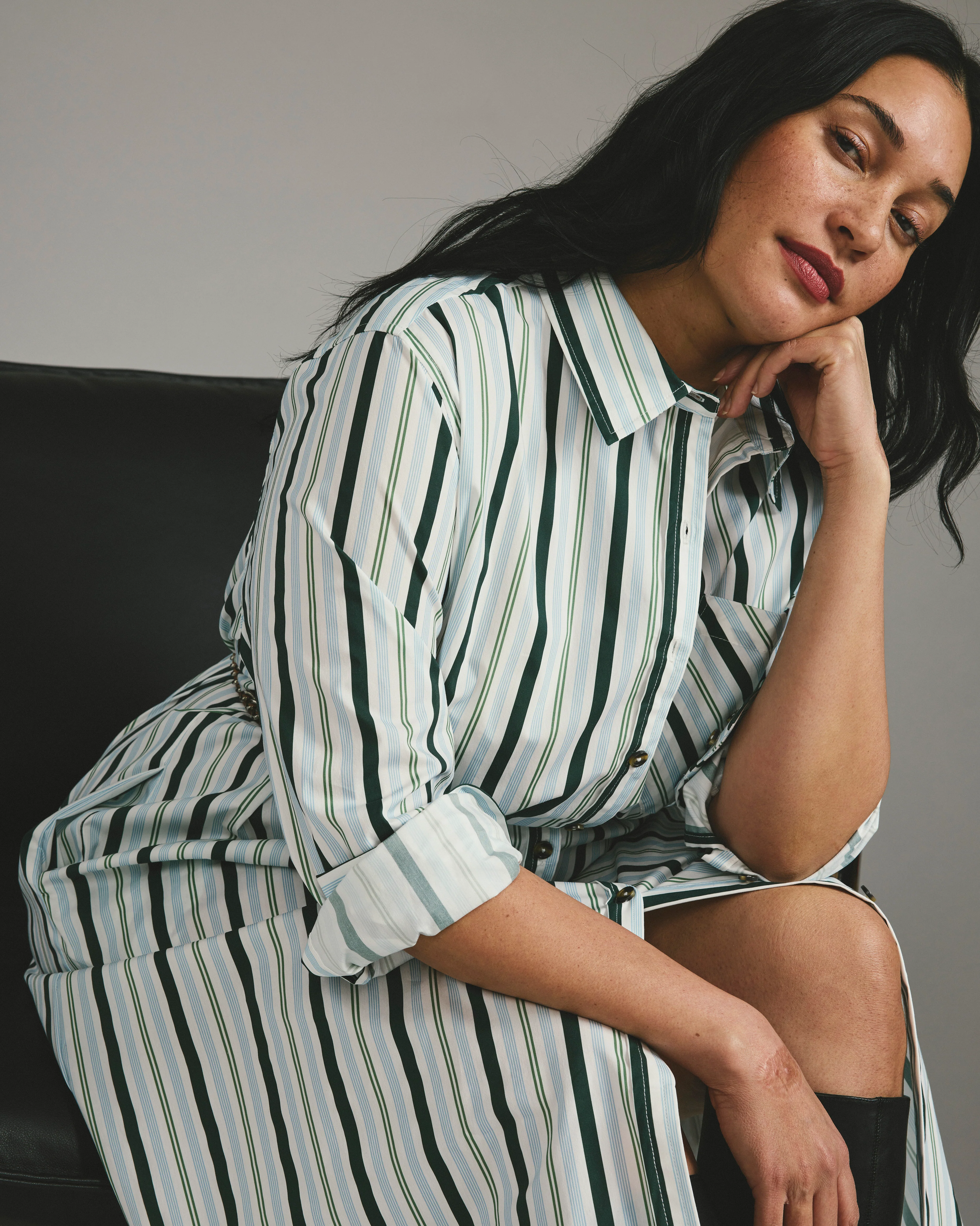 Odeon Stretch Poplin Shirtdress - Forest Green Multi Stripe - Image 3