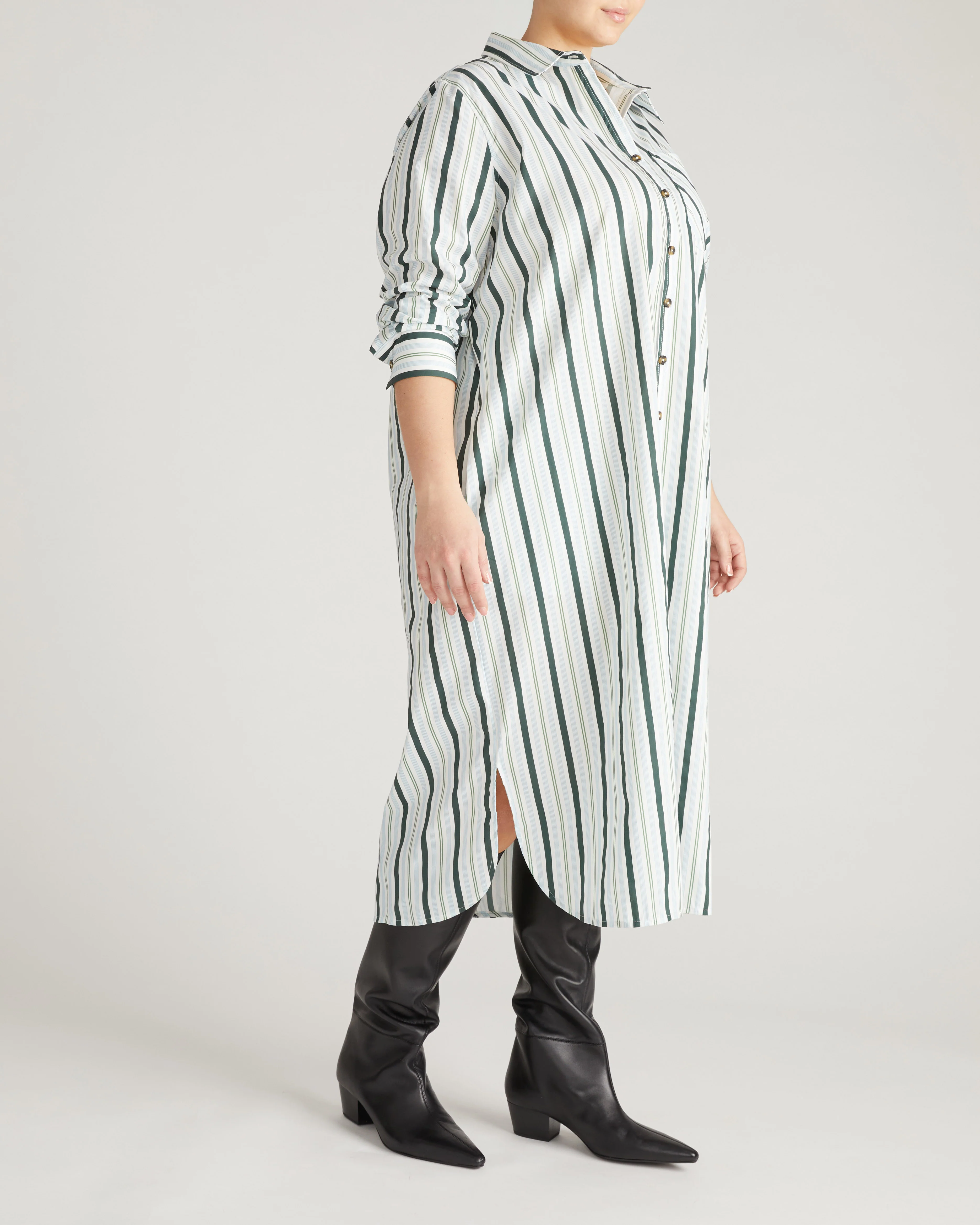 Odeon Stretch Poplin Shirtdress - Forest Green Multi Stripe - Image 5