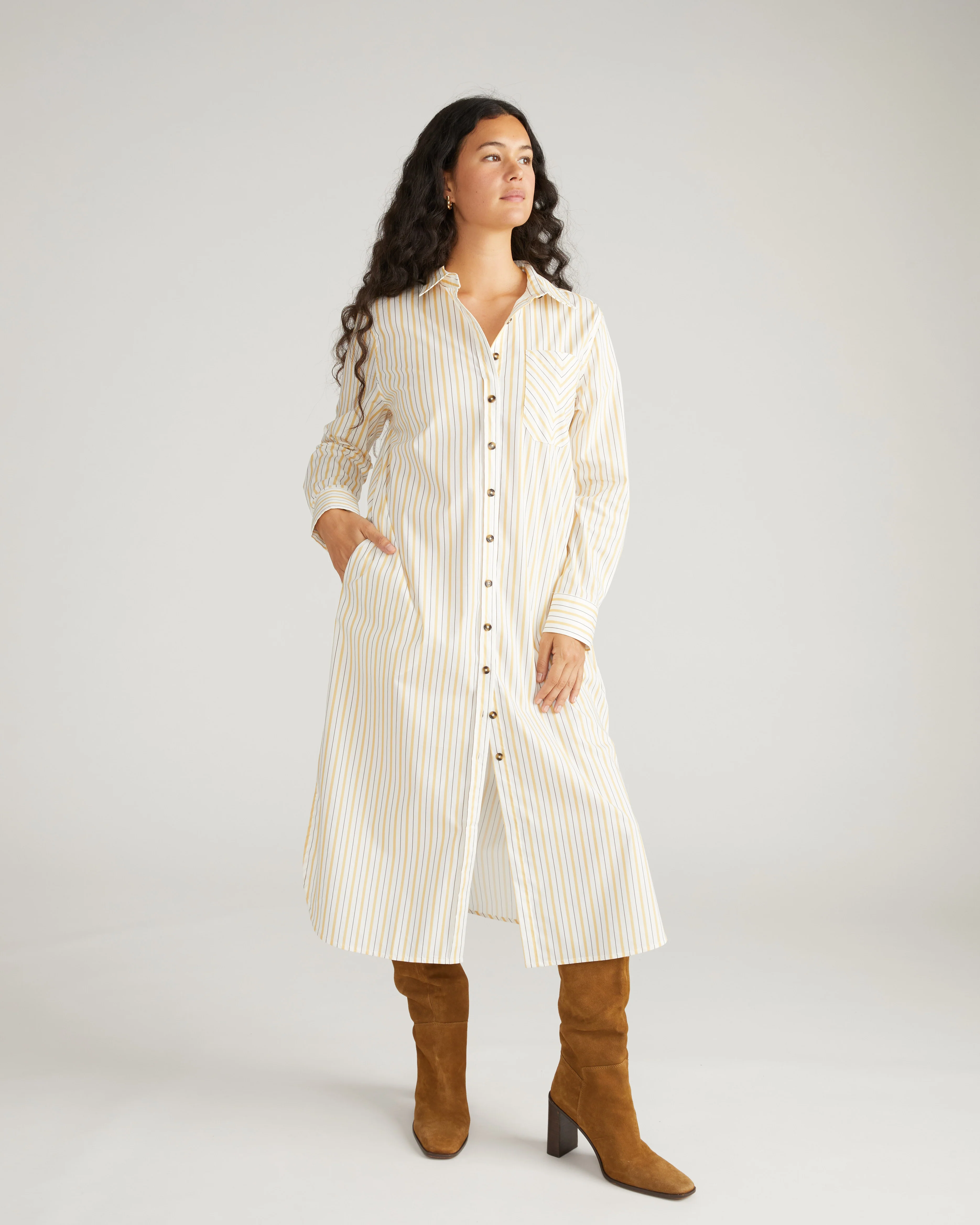 Odeon Stretch Poplin Shirtdress - Yellow Multi Stripe - Image 3