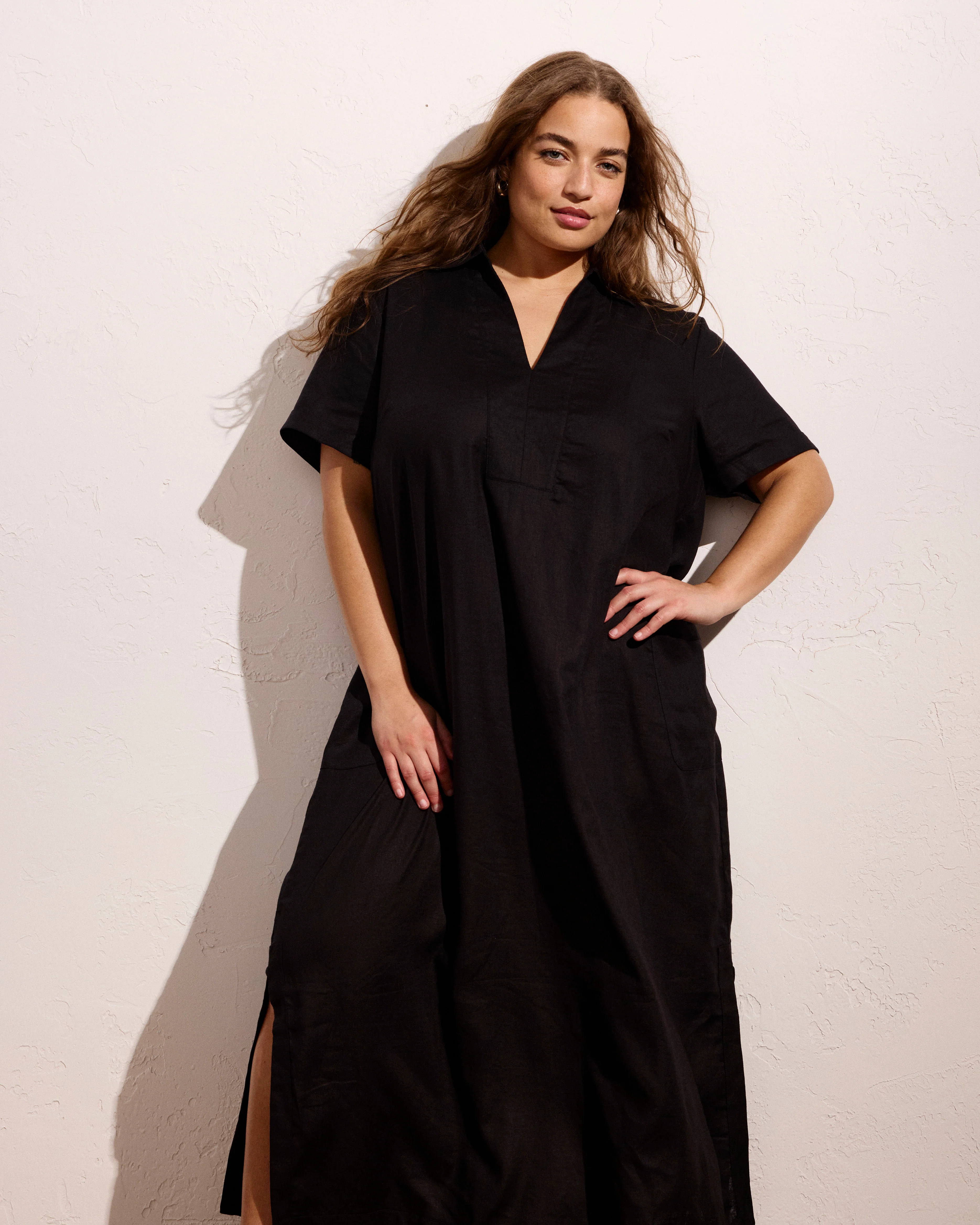Padma Polo Neck Linen Dress - Black - Image 2