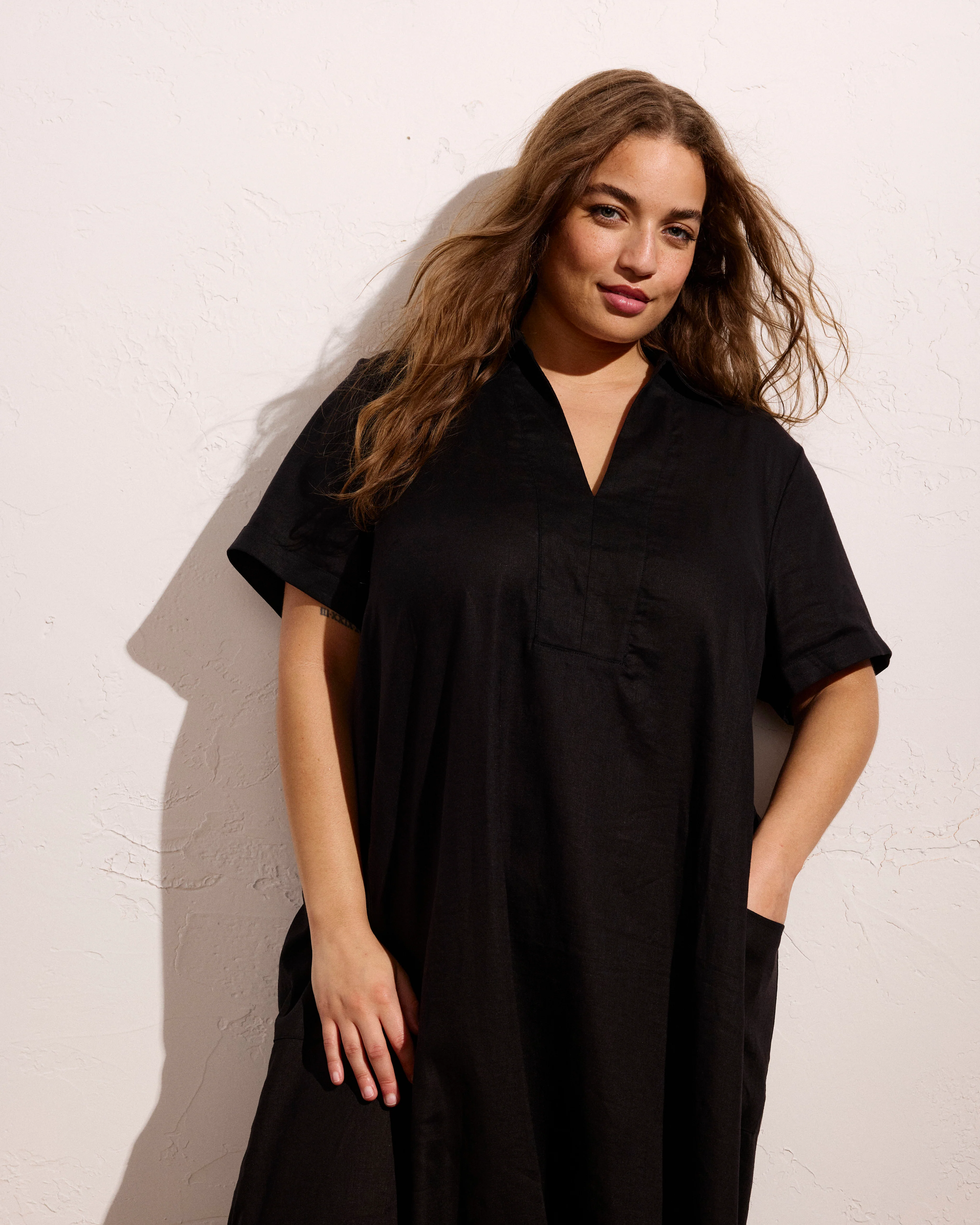 Padma Polo Neck Linen Dress - Black - Image 3