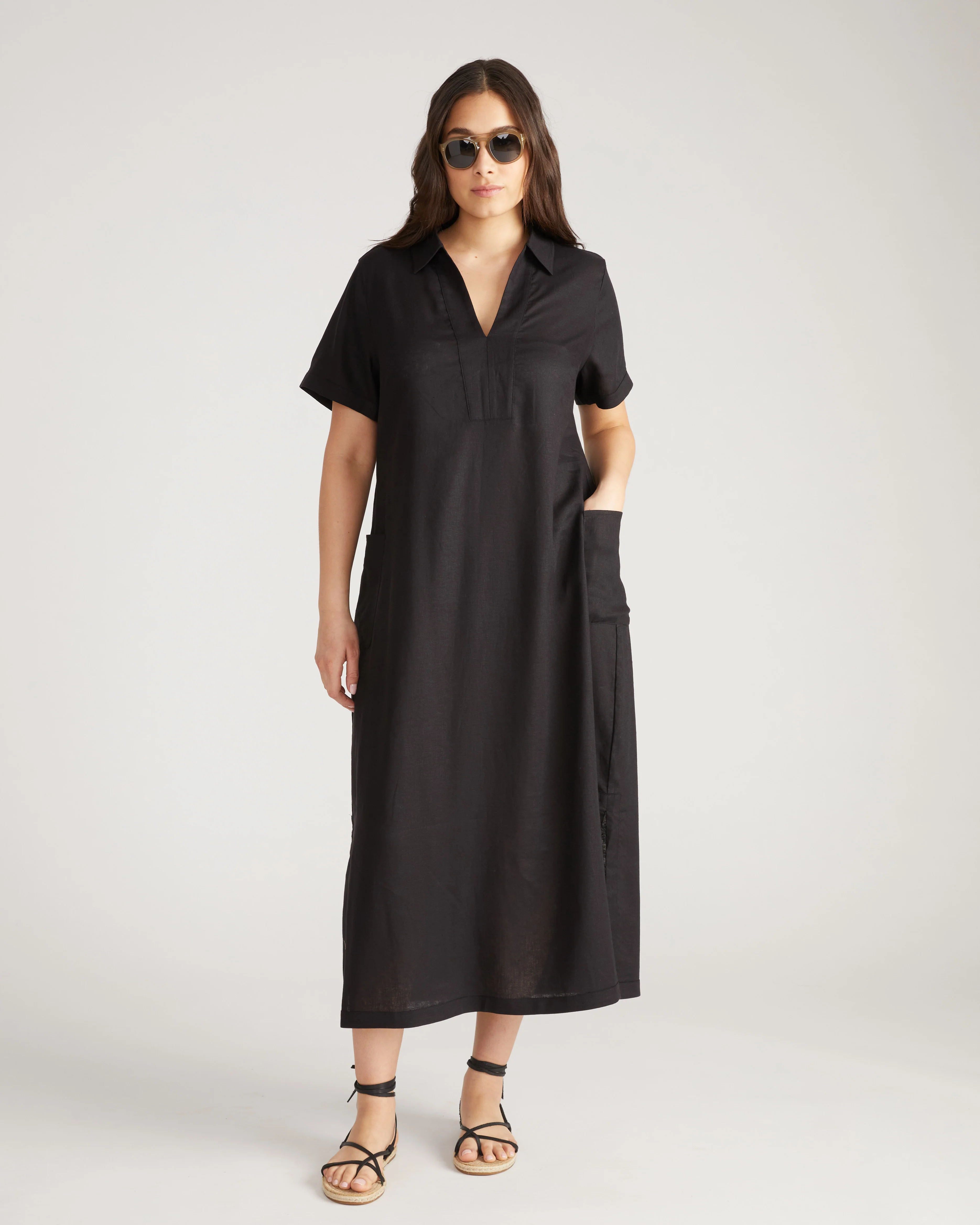 Padma Polo Neck Linen Dress - Black - Image 4