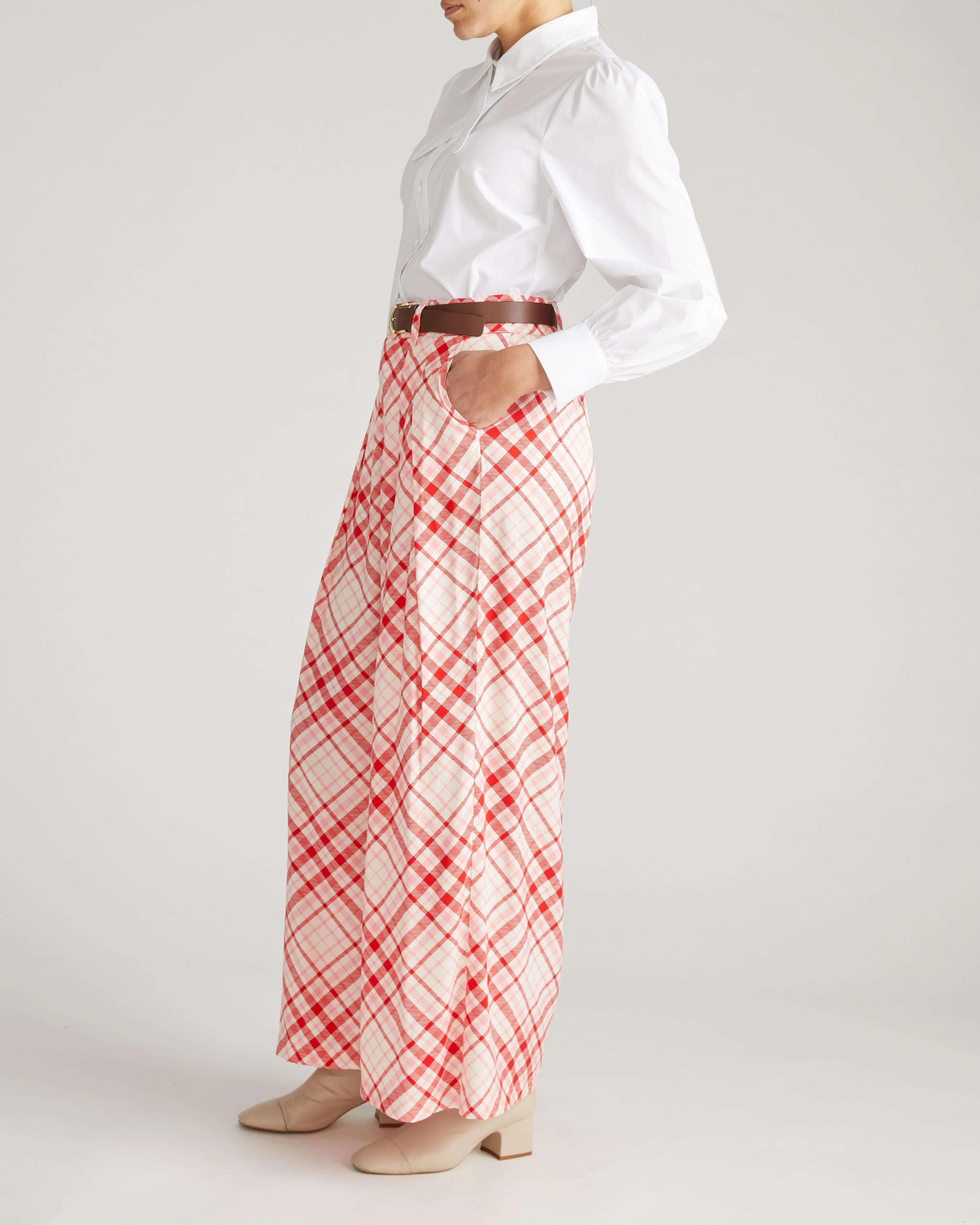 Palais Cooling Cupro Wide Leg Pant - Red Plaid Print - Image 3