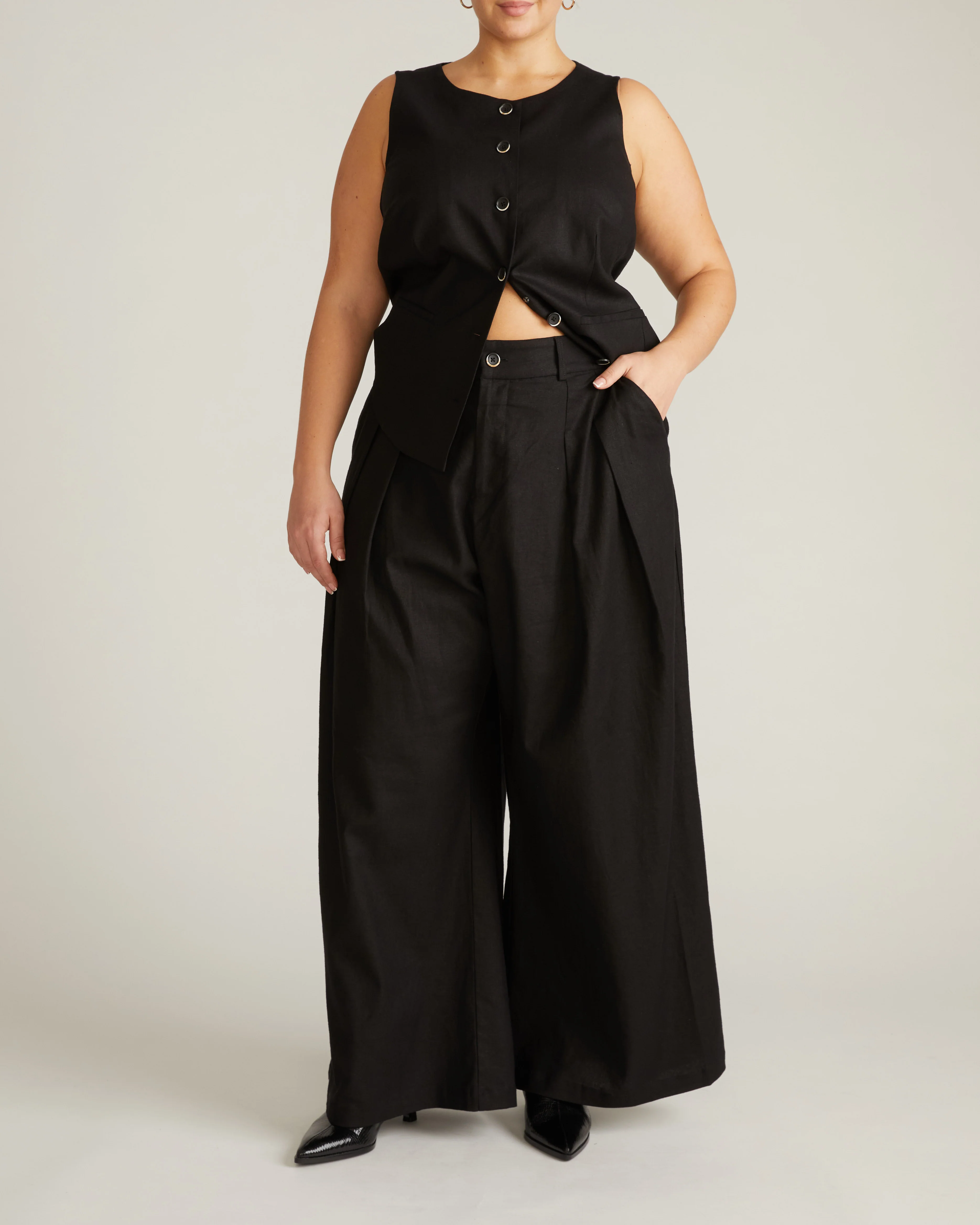 Palais Stretch Linen Wide Leg Pant - Black - Image 5