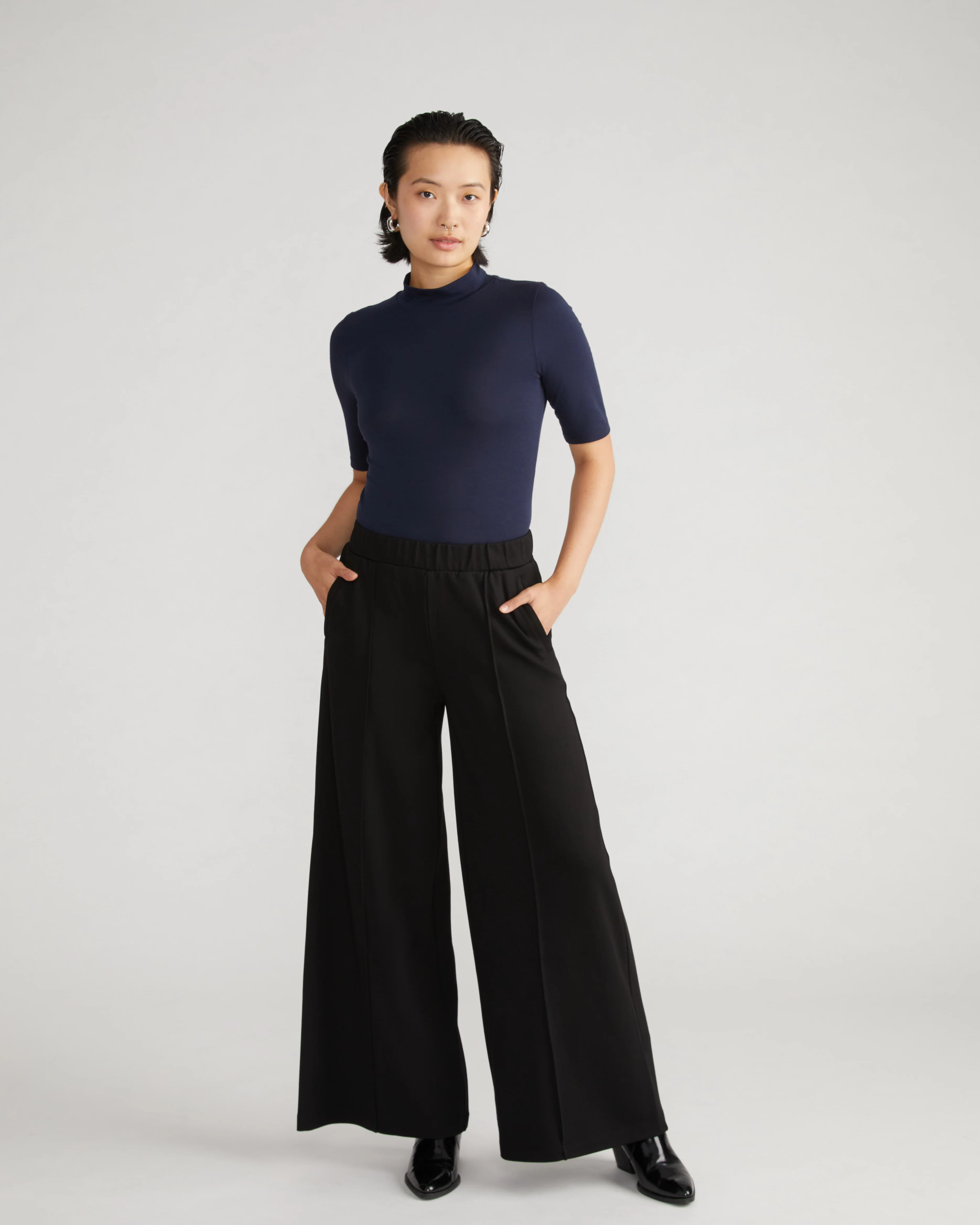 Pam Pintuck Wide Leg Ponte Pants - Black - Image 2