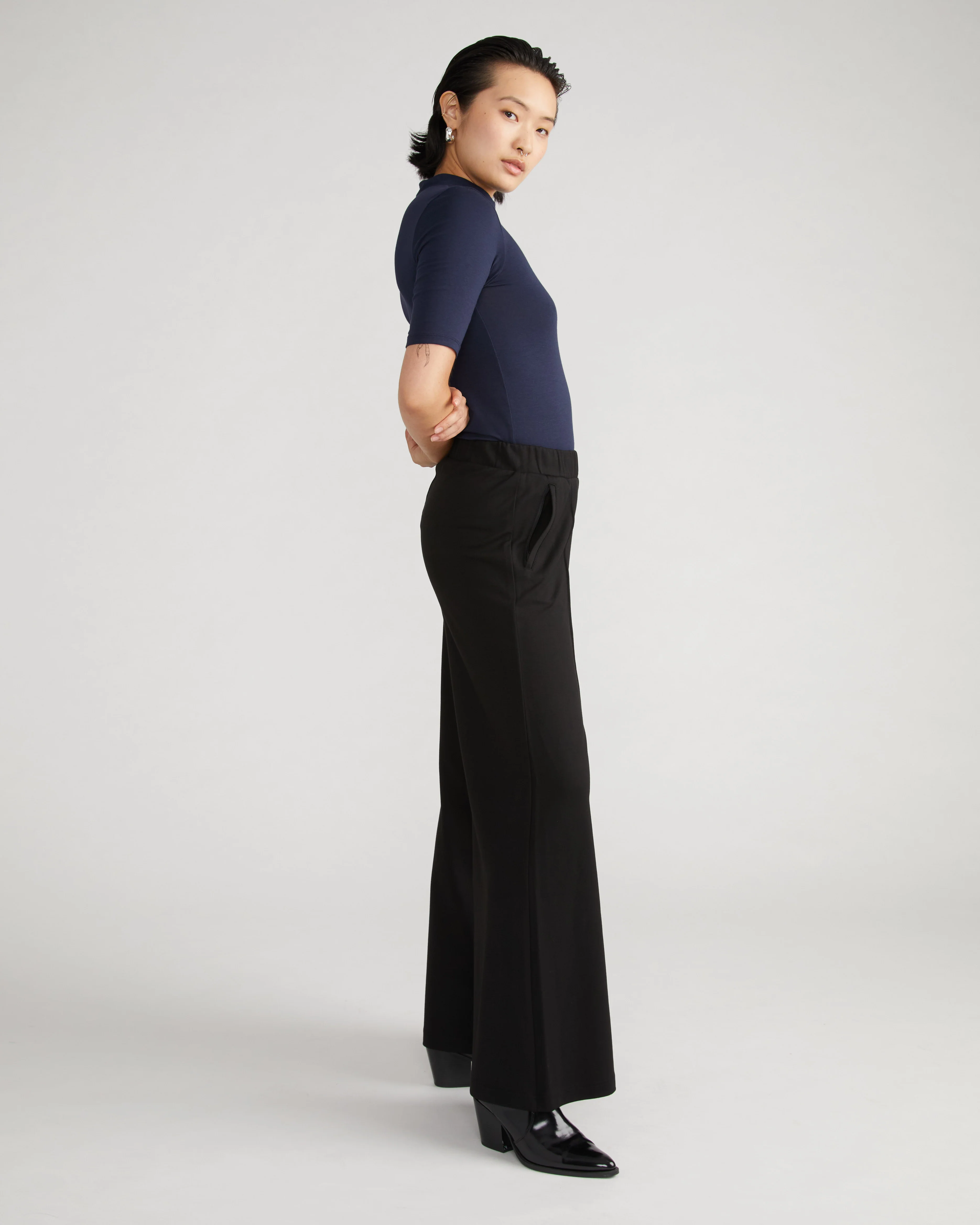 Pam Pintuck Wide Leg Ponte Pants - Black - Image 3