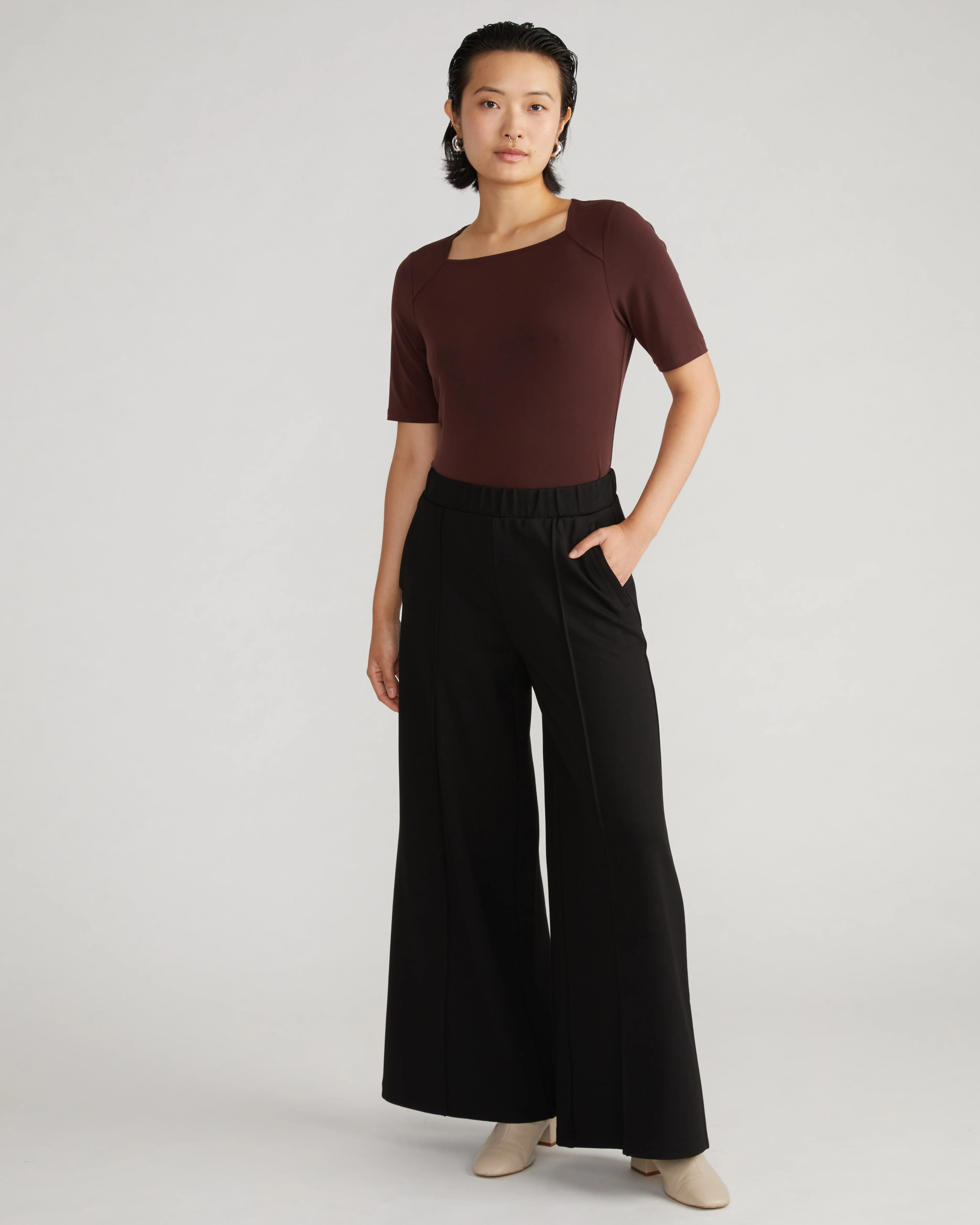 Pam Pintuck Wide Leg Ponte Pants - Black - Image 6