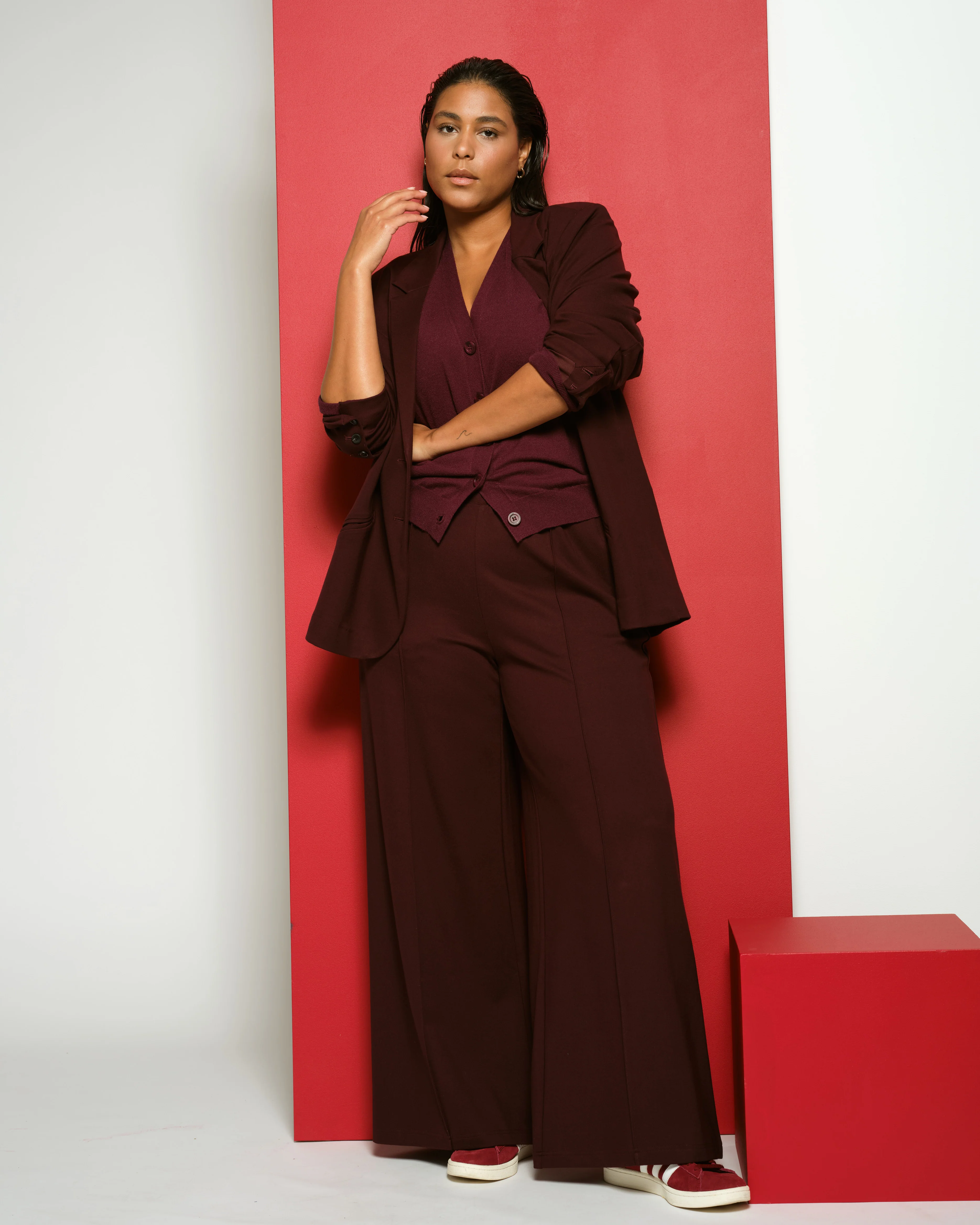 Pam Pintuck Wide Leg Ponte Pants - Black Cherry - Image 4