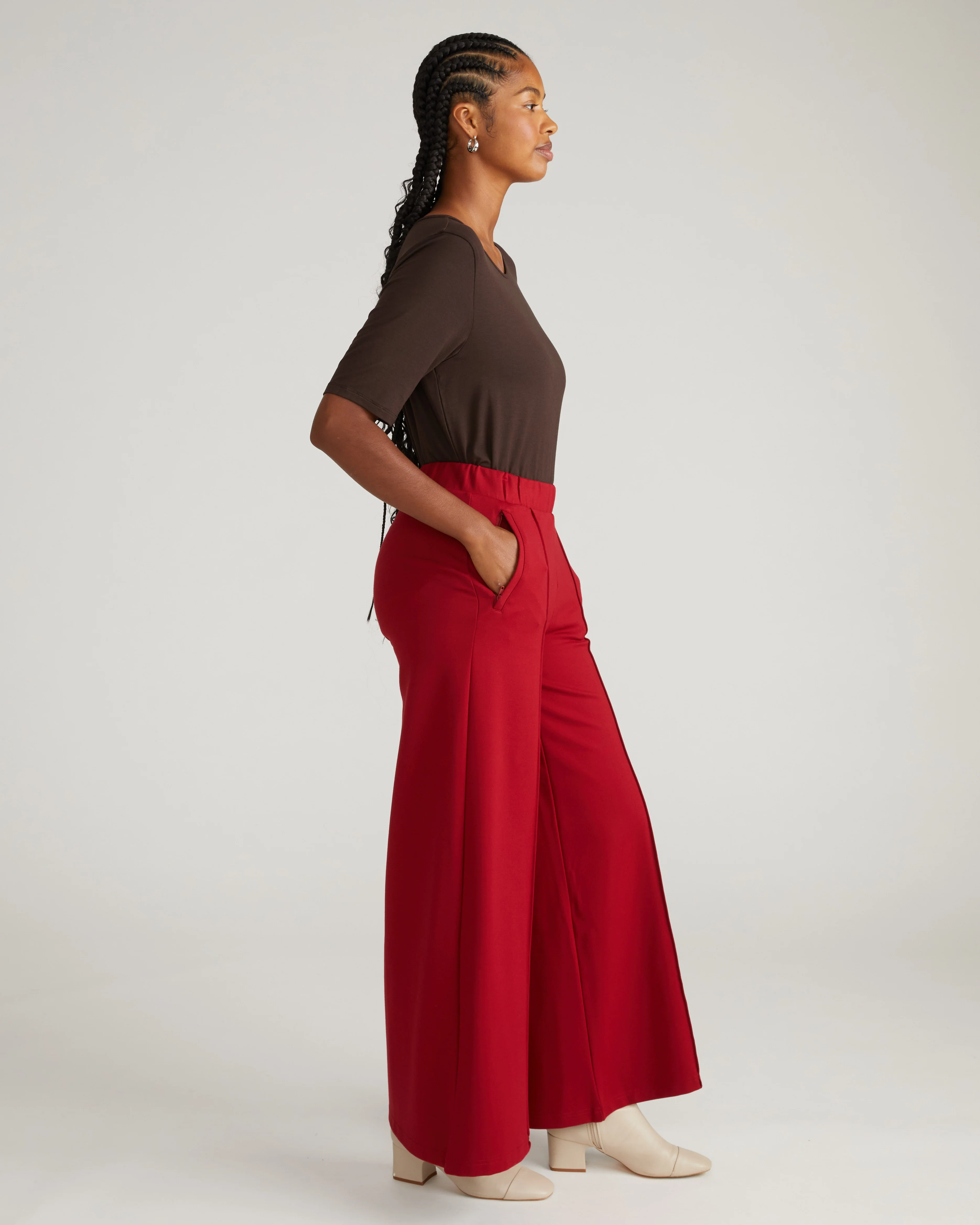 Pam Pintuck Wide Leg Ponte Pants - Garnet - Image 3