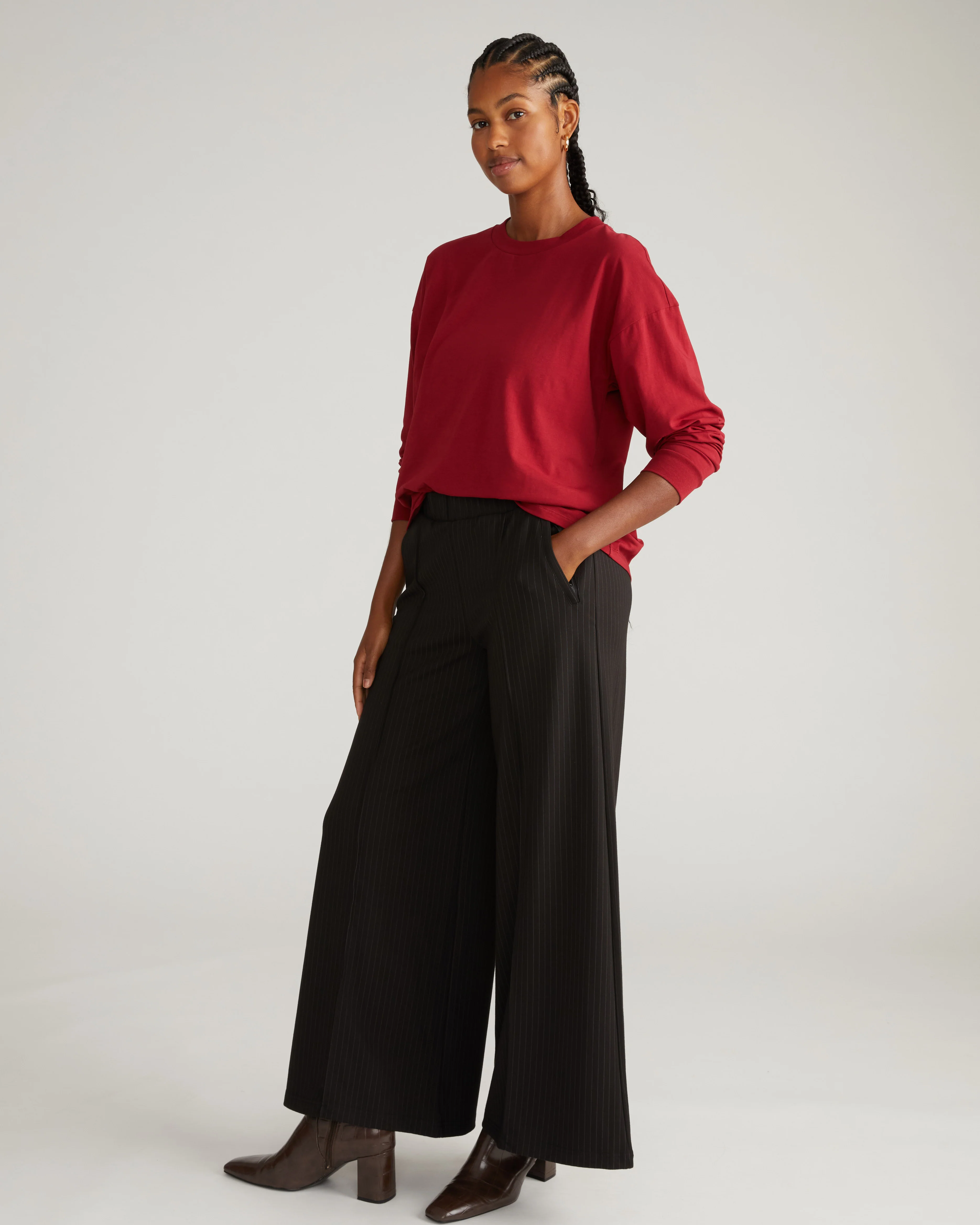 Pam Pintuck Wide Leg Ponte Pants - Slate Pinstripe - Image 3