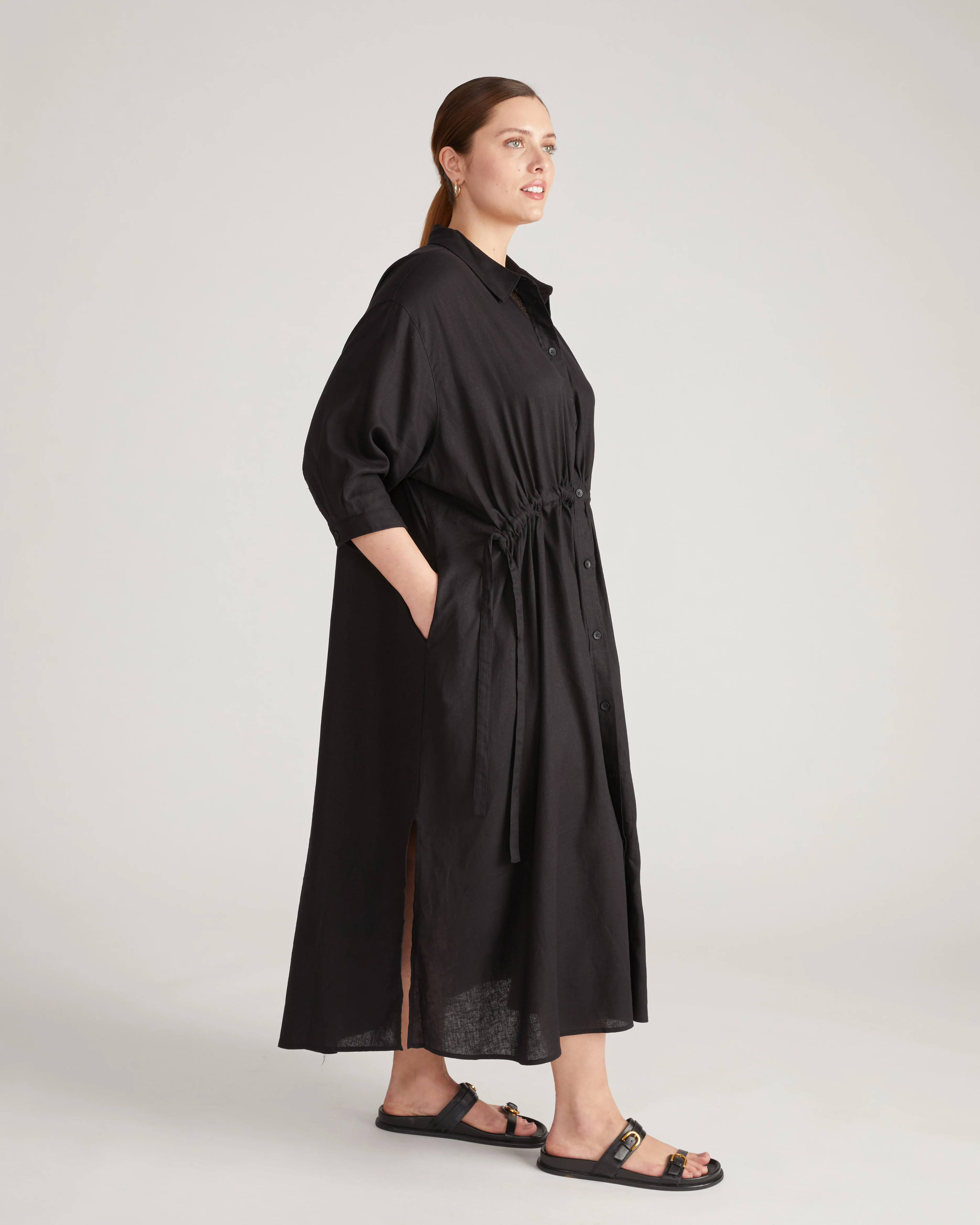 Paros Drawstring Linen Shirtdress - Black - Image 3
