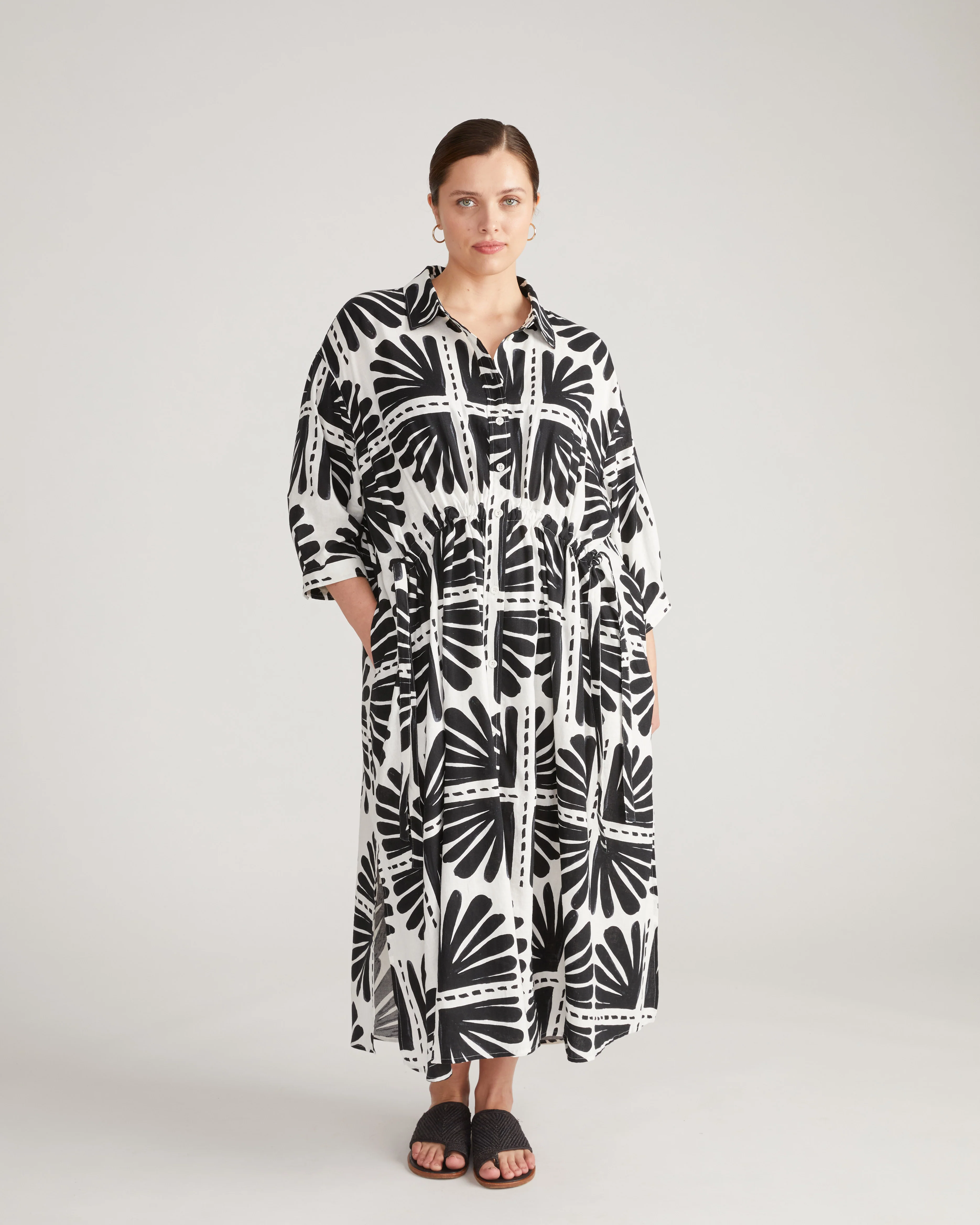 Paros Drawstring Linen Shirtdress - Ink Bloom Print - Image 2